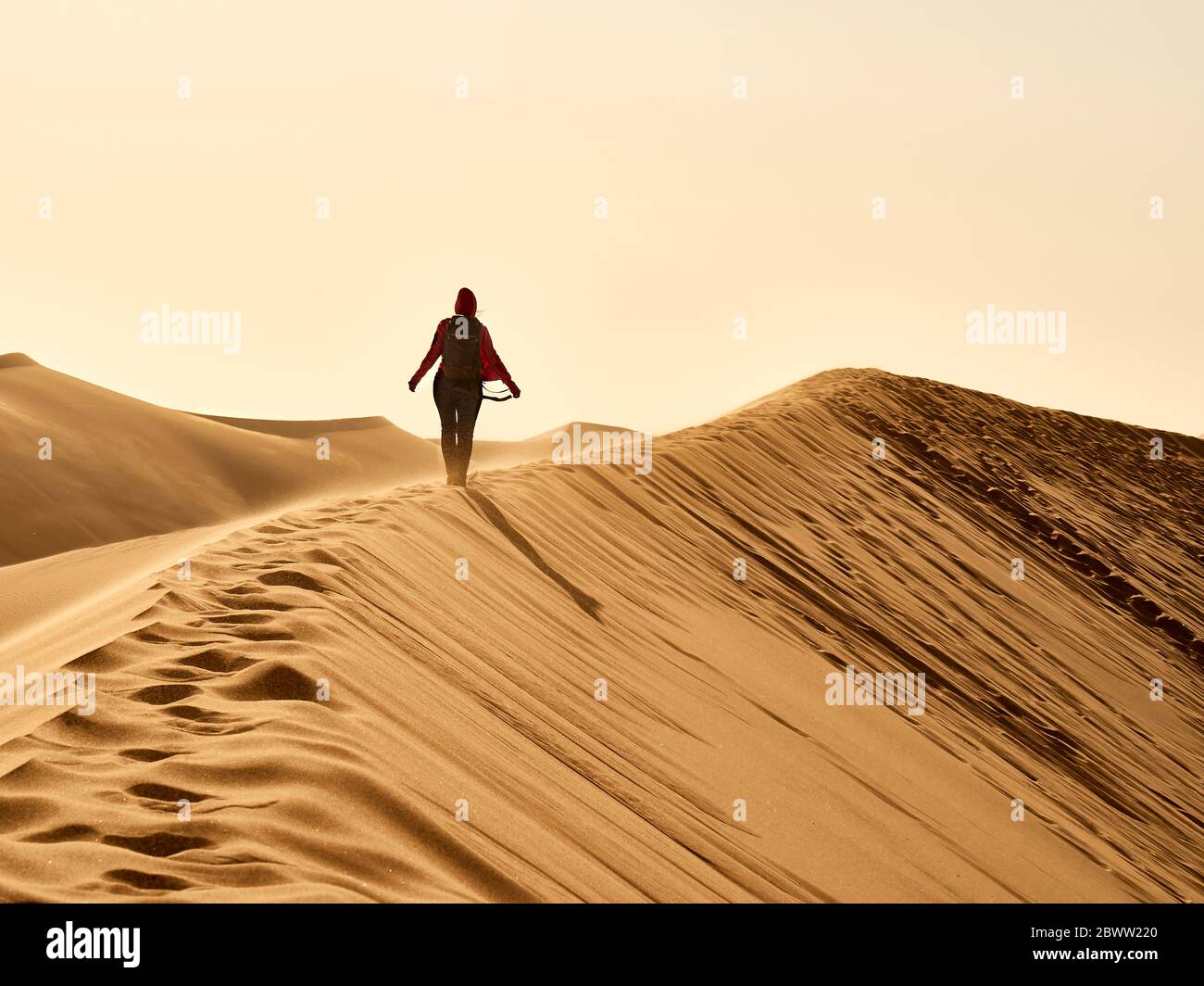 Frau auf dem Kamm einer Düne in der Wüste, Walvisbucht, Namibia Stockfoto