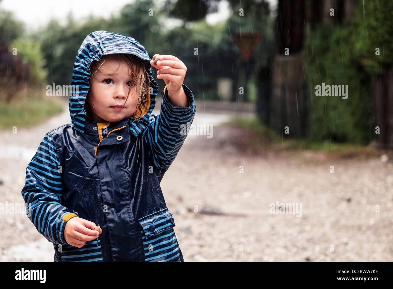 Portrait eines kleinen Mädchens mit Schnecken in den Händen, die im Regen stehen Stockfoto