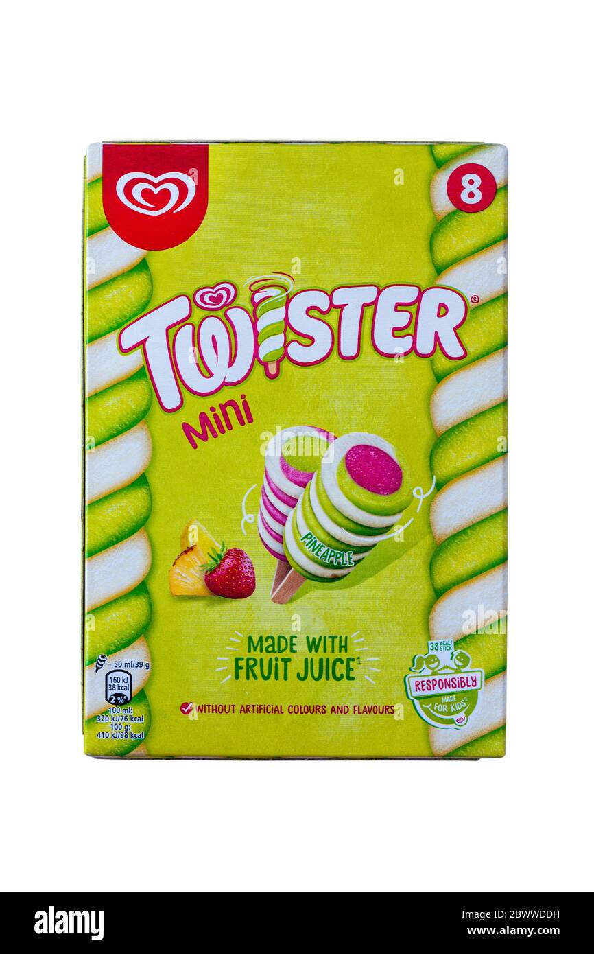Box von Twister Mini mit Fruchtsaft Eis isoliert auf weißem Hintergrund - Eis Eis Eis Eis Eis Eis Eis Eis Lolly Eis Lollies Eis Stockfoto