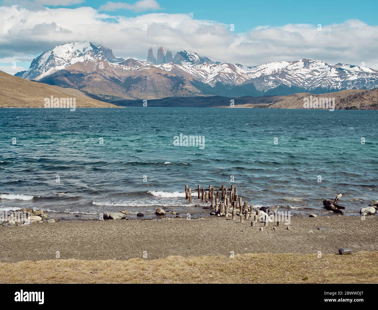 Landschaftlich reizvolle Aussicht auf die Torres del Paine Berge von der Laguna Azul Laguna Azul, Torres del Paine Nationalpark, Chile Stockfoto