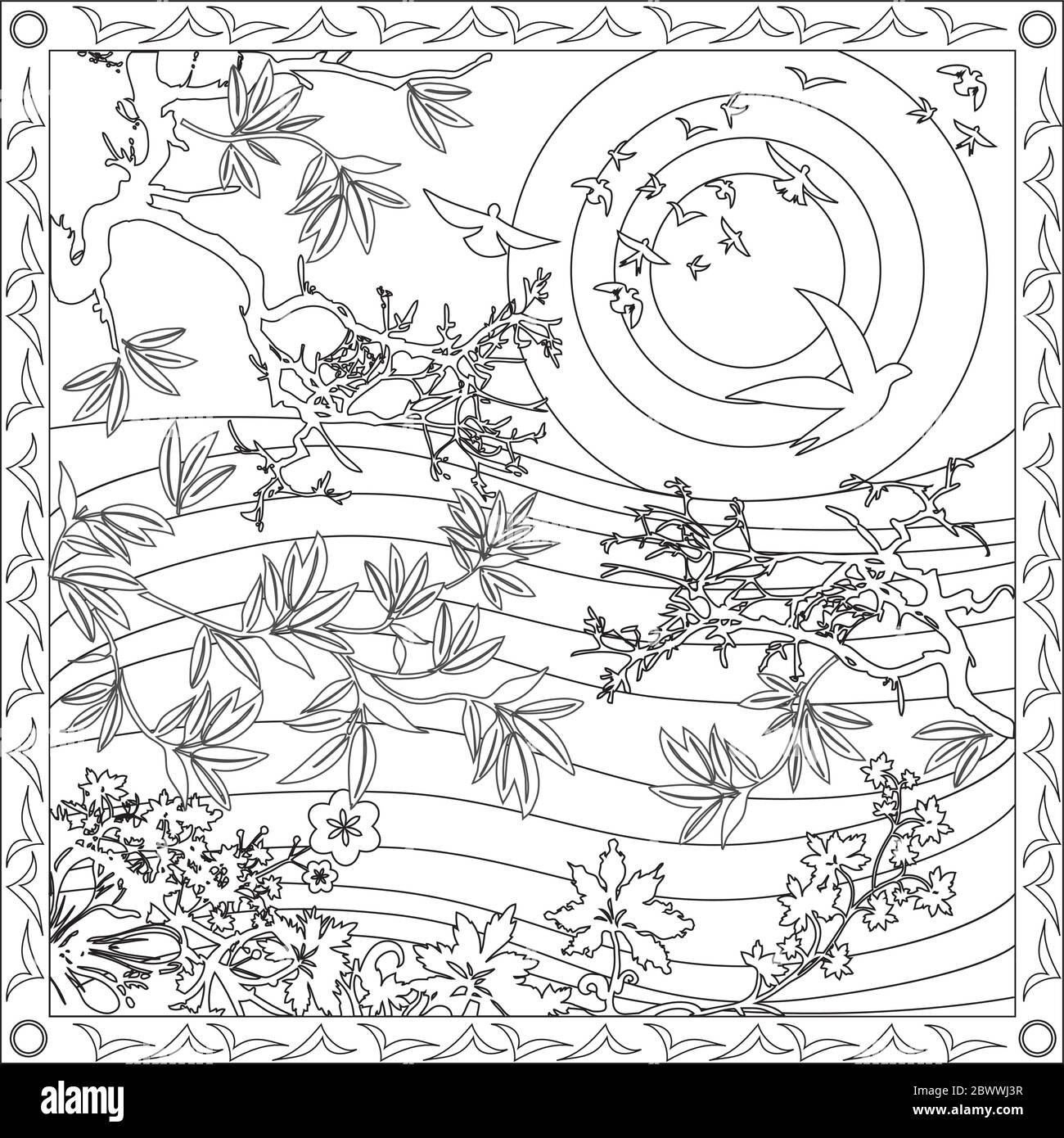 Malseite Illustration im quadratischen Format für Erwachsene, japanischer Stil mit Vögeln und Sonnenuntergang Stock Vektor