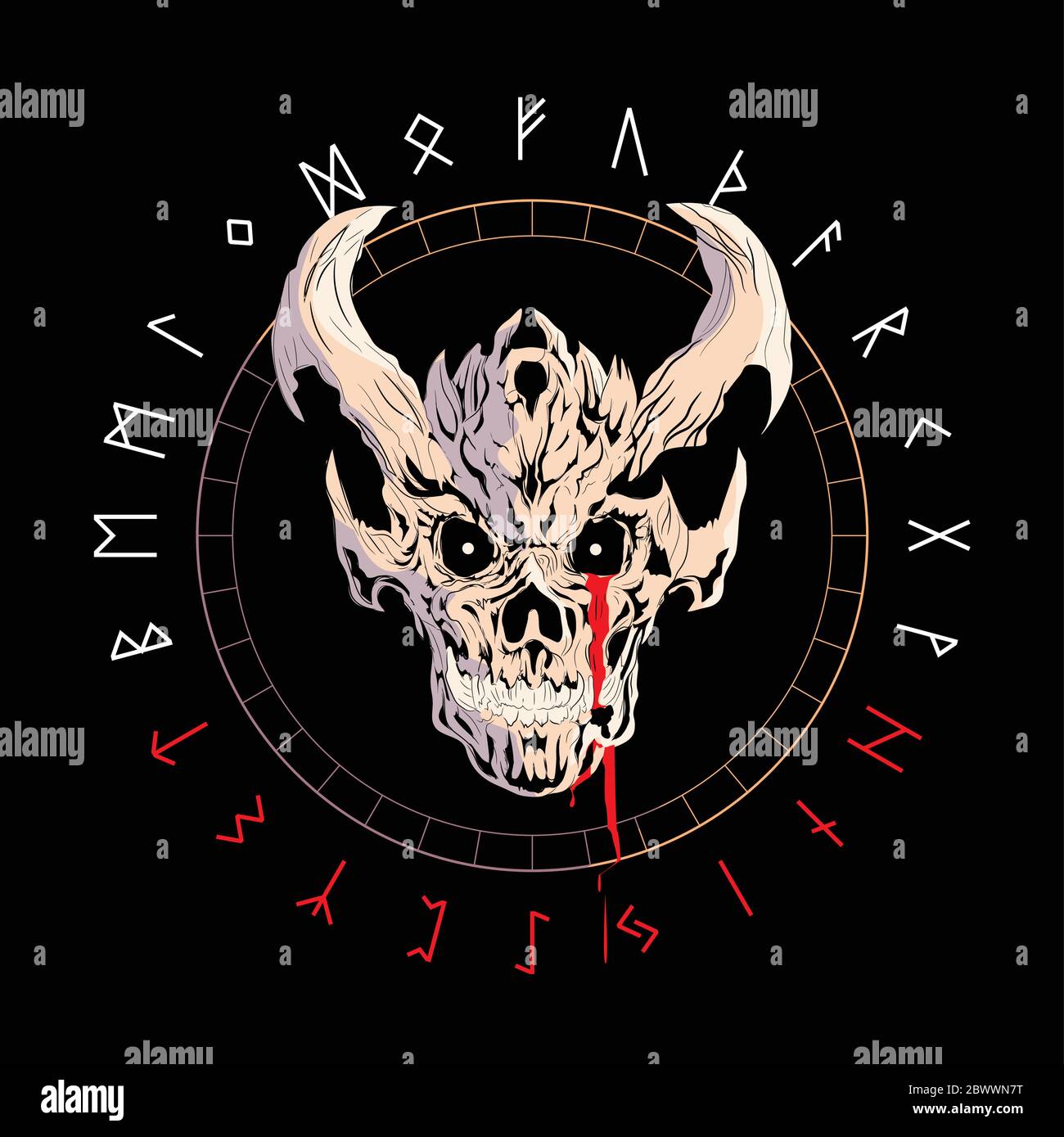T-Shirt Vektor-Design eines diabolischen Schädels mit Hörnern über einem umgekehrten Stern und Runencharakter isoliert auf schwarz. Poster Stock Vektor