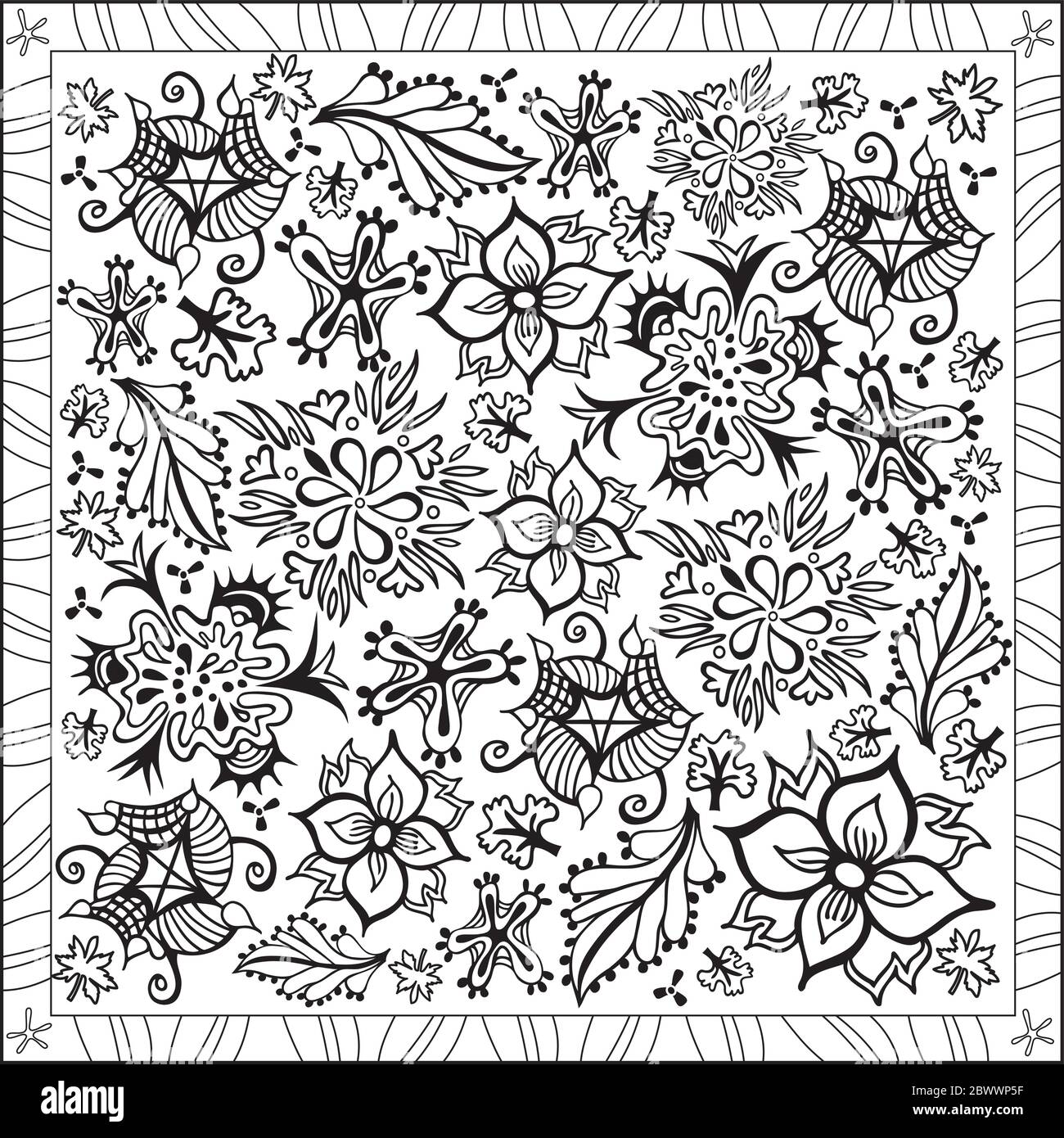 Malvorlagen Illustration im quadratischen Format, verschiedene Blumen und Blätter, Blattdesign - Blossom - Schwarz und Weiß Stock Vektor