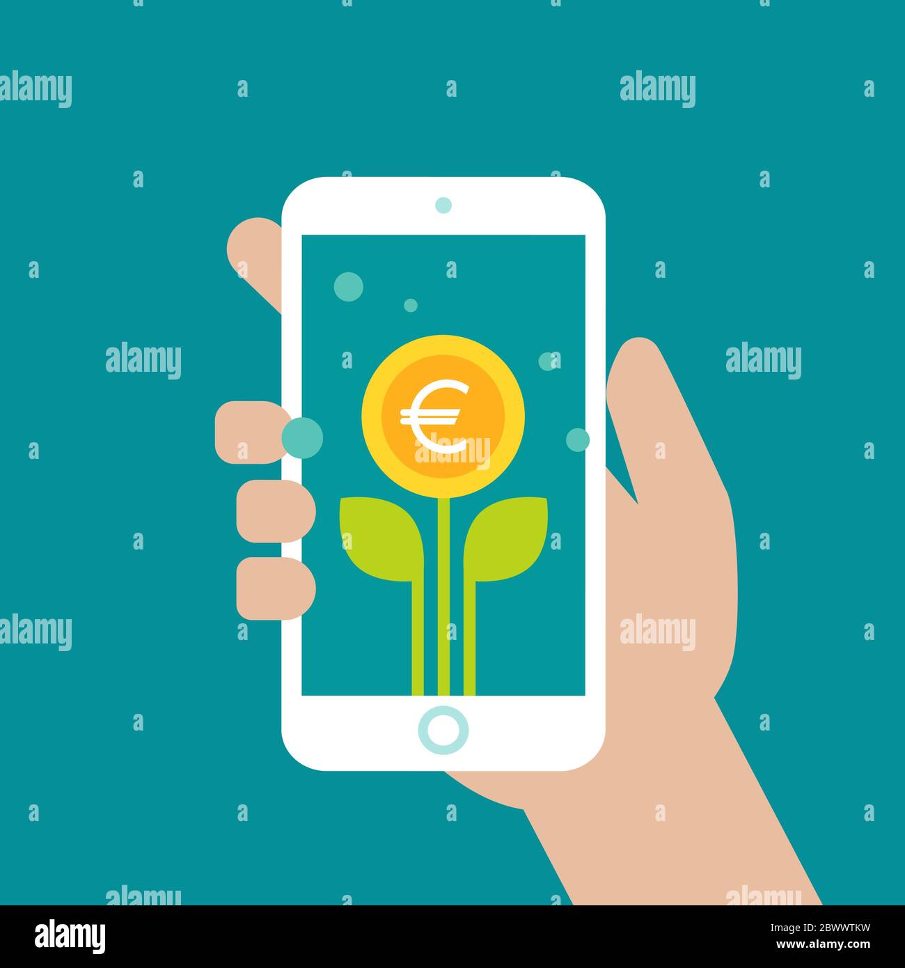 Hand hält Smartphone mit grünen Blättern und Euro-Münze als Blume auf dem Bildschirm. Einkommenswachstum. Finanzieller Erfolg. Vektorgrafik auf blau. Tim Stock Vektor