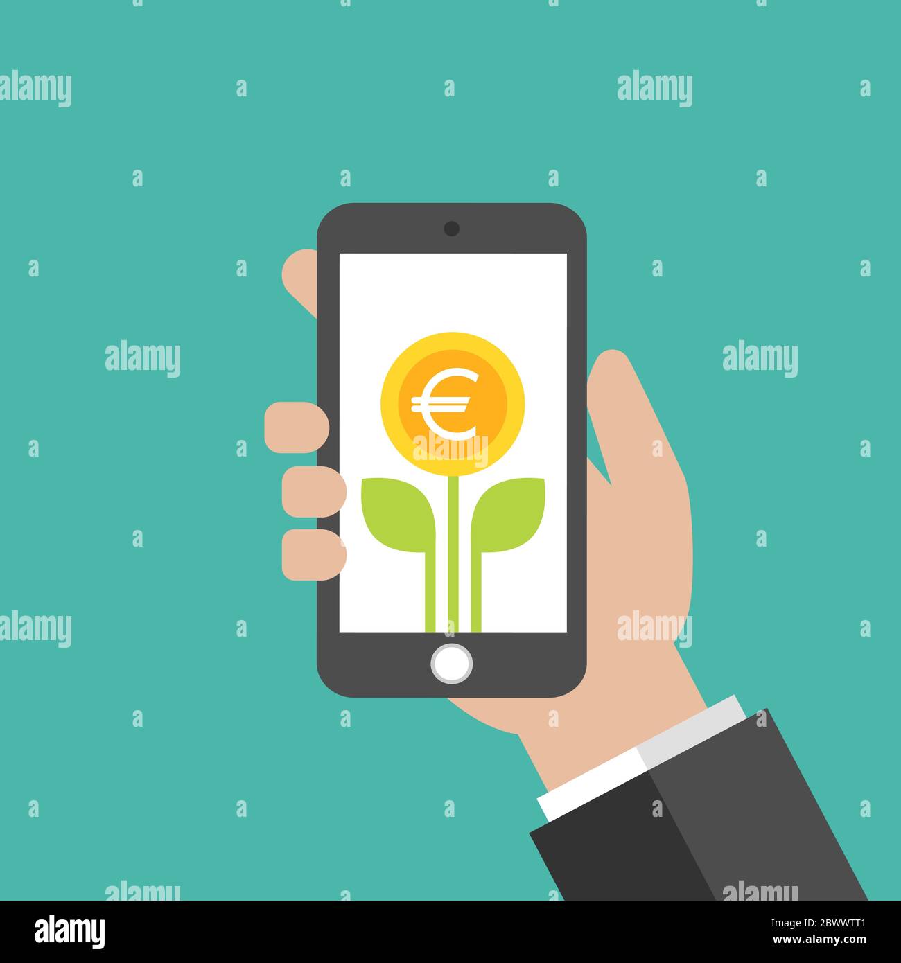 Hand hält Smartphone mit grünen Blättern und Euro-Münze als Blume auf dem Bildschirm. Einkommenswachstum. Finanzieller Erfolg. Vektorgrafik auf blau. Tim Stock Vektor