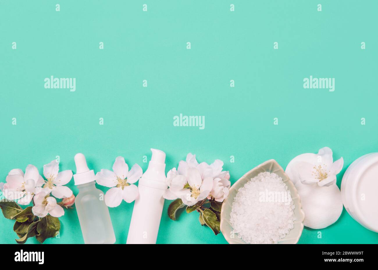 Draufsicht der generischen sauber reinen Frühling Schönheit Produkte Hintergrund mit Kopie Raum, Raum für Text in der Mitte. Weiße Behälter, mintgrüner Hintergrund. Stockfoto