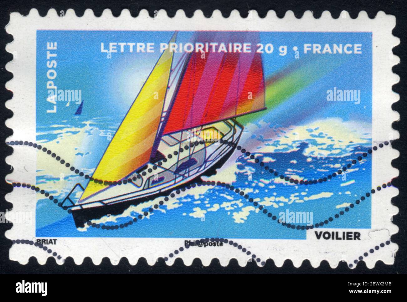 Timbre oblitéré Voilier. Lettre prioritaire 20g. Frankreich. La Poste Stockfoto
