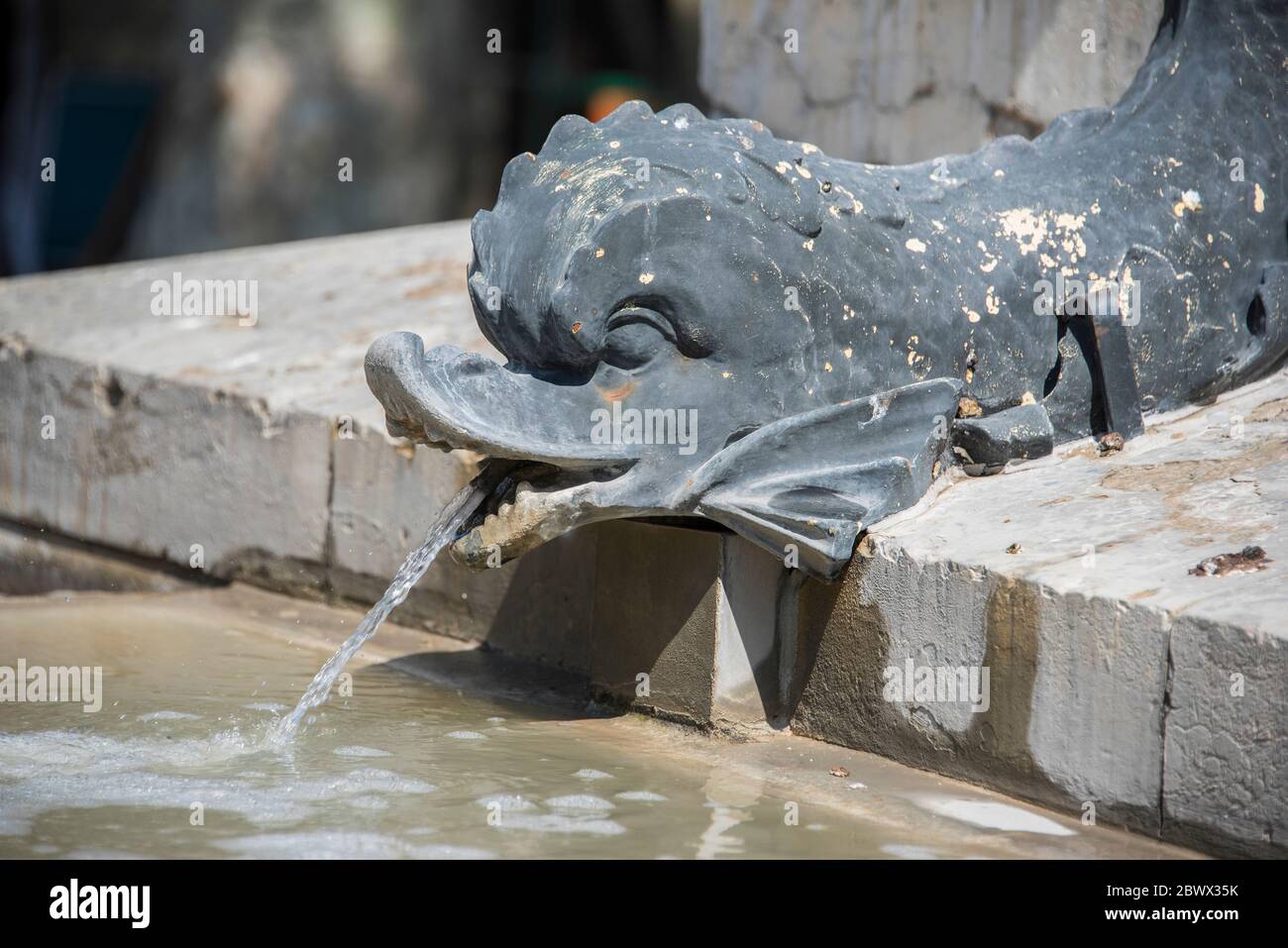 Detail über Brunnen in Place Saint Louis, Aigues Mortes, Frankreich Stockfoto