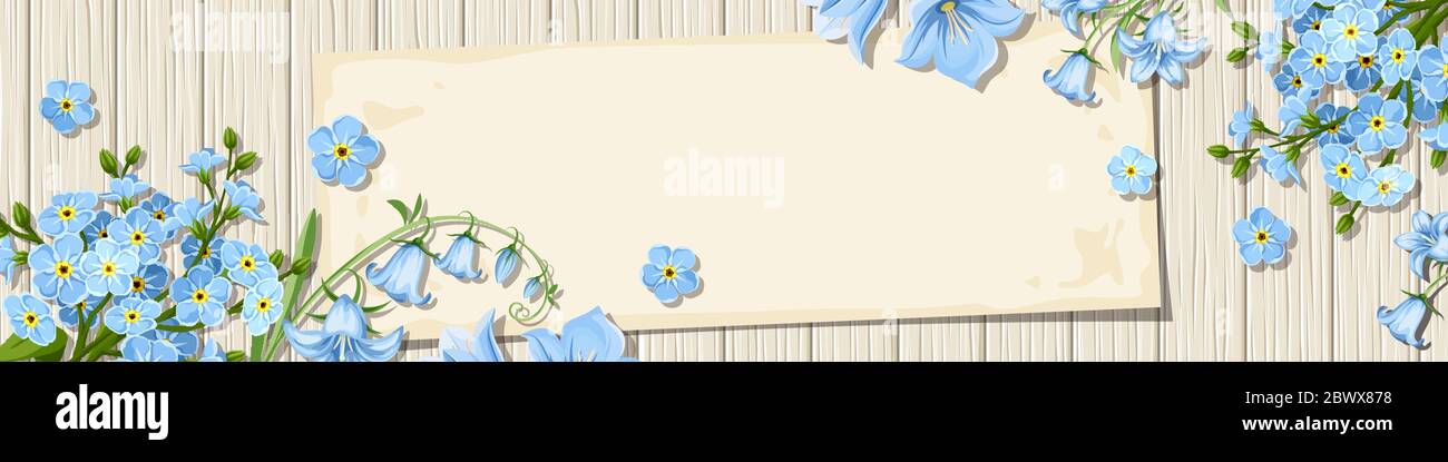 Vektor-Banner mit blauen Forget-Me-Not und bluebell Blumen auf einem Holzhintergrund. Stock Vektor