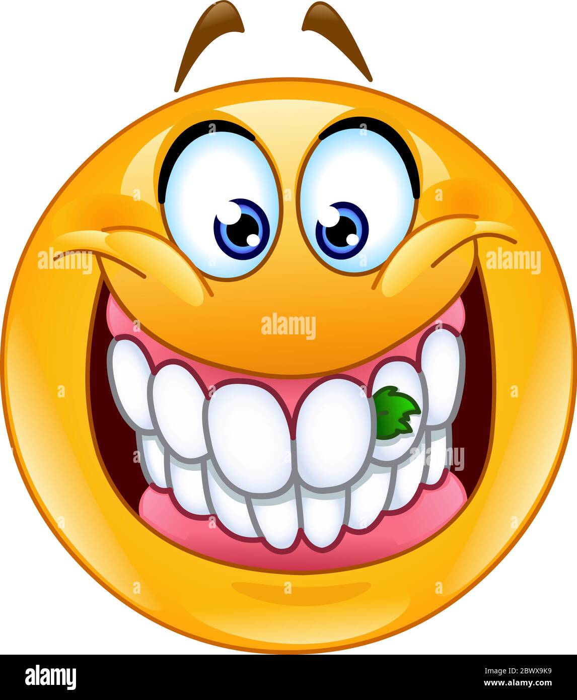 Lächelndes Emoticon mit Essen zwischen den Zähnen, etwas in den Zähnen. Stock Vektor