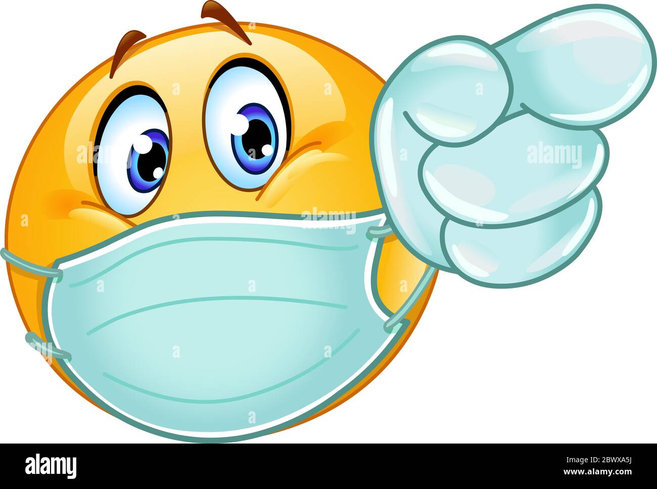 Emoji Emoticon mit medizinischer Maske über dem Mund und Einweghandschuhe nach vorne zeigen Stock Vektor