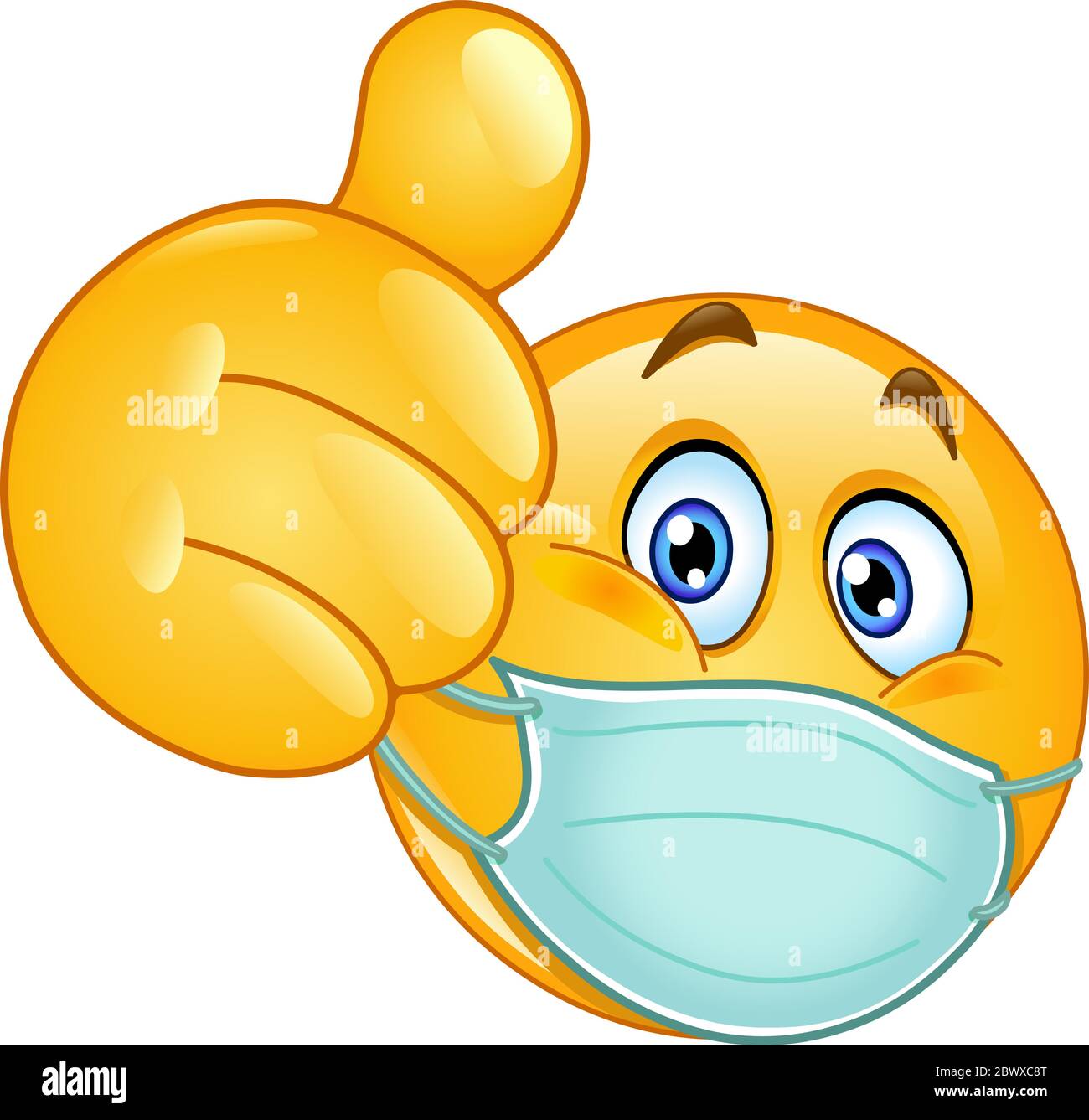 Emoji Emoticon mit medizinischer Maske über dem Mund zeigt Daumen nach oben Stock Vektor