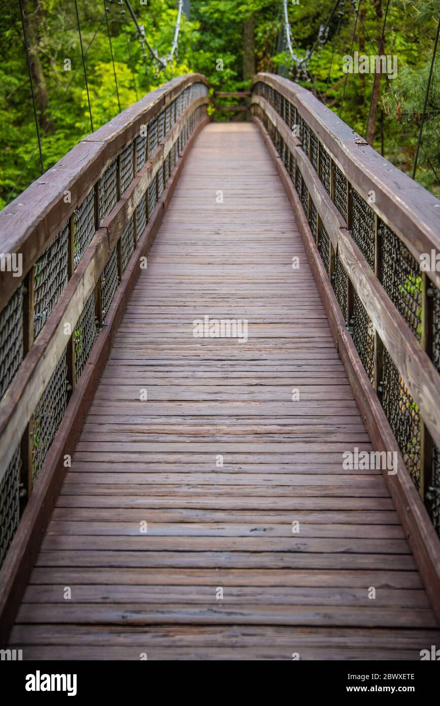 Hängebrücke über Tallulah Gorge, eine tiefe Schlucht, die vom Tallulah River geformt wurde, im Tallulah Gorge State Park in der Nähe von Tallulah Falls, Georgia. Stockfoto