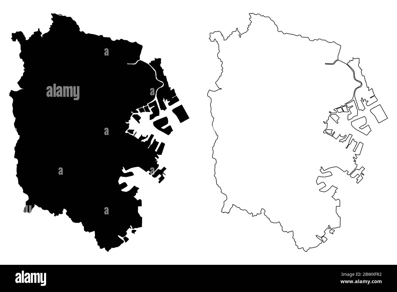 Yokohama City (Staat Japan, Inselstaat, Präfektur Kanagawa) Karte Vektorgrafik, Skizze Stadt Yokohama Karte Stock Vektor