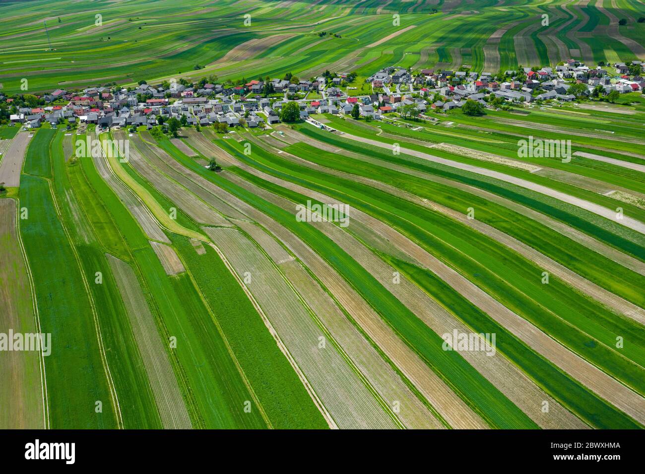 Polen von oben. Luftaufnahme von grünen landwirtschaftlichen Feldern und Dorf. Landschaft mit Feldern von Polen. Typische polnische Landschaft. Stockfoto