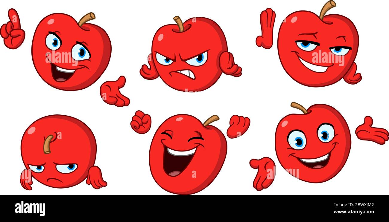 Set von einem Cartoon Apfel Charakter, die verschiedene Gesten und Ausdrücke Stock Vektor