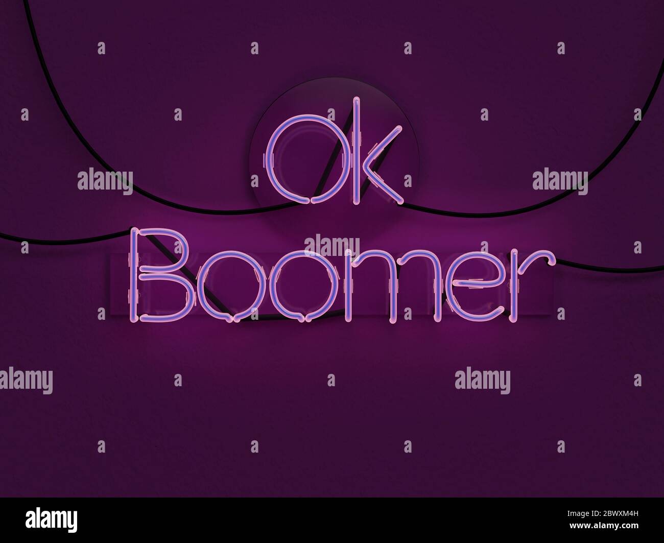 OK Boomer Text Neon Anmelde-Modus ein mit leuchtendem Violett Konzept - 3d Illustration Stockfoto