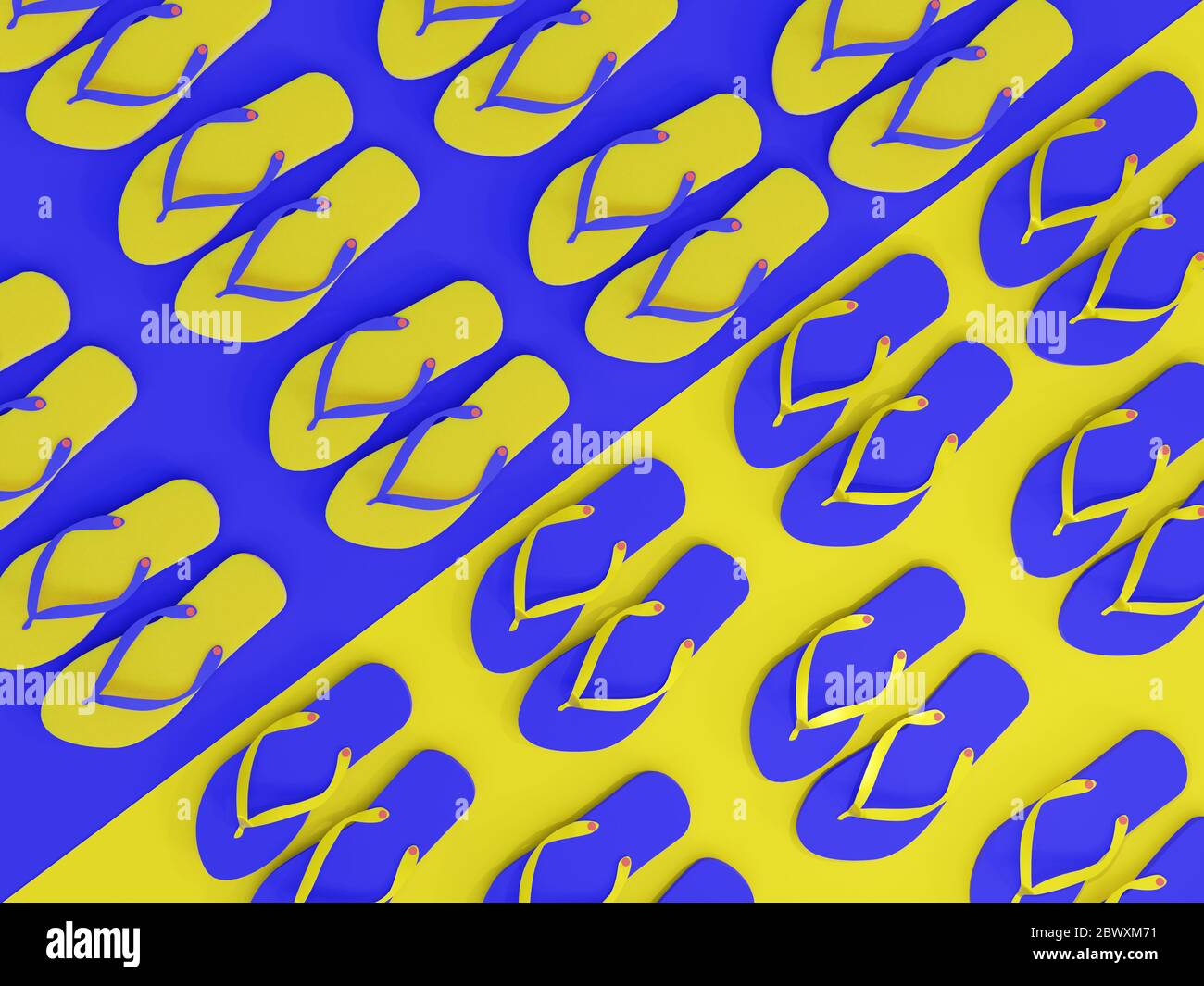 Flip-Flop Sandalen in farbenfrohem Flatlay-Muster von oben gesehen - vi3d Illustration Stockfoto