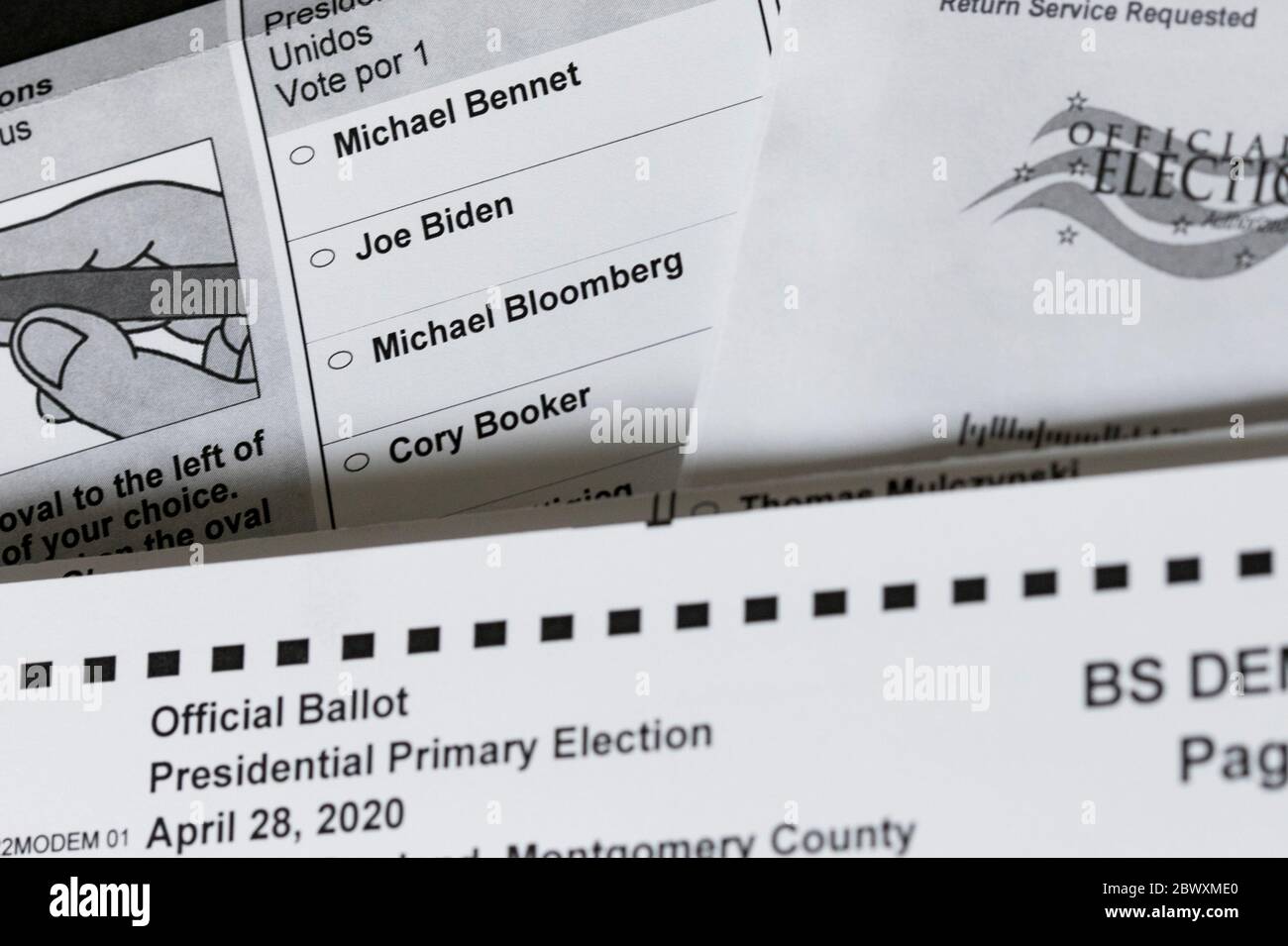 Ein arrangierte Foto eines Maryland Absentee Mail-in Stimmzettel für die 2020 Democratic Presidential Primary Election. Stockfoto