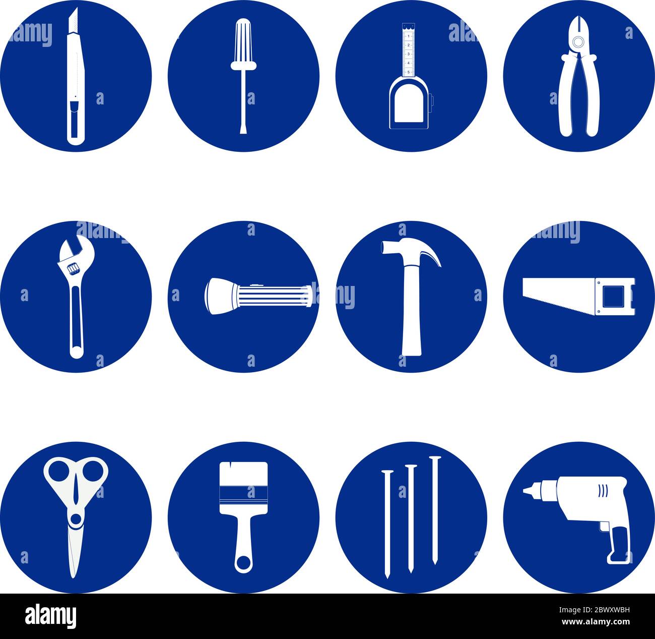 Werkzeuge blau und weiß Symbole mit Schraubenschlüssel, Schraubendreher, Taschenlampe, Zange, Bohrer, Säge, Nägel, Hammer, Stiletto, Schere, Pinsel, Klebeband Stock Vektor