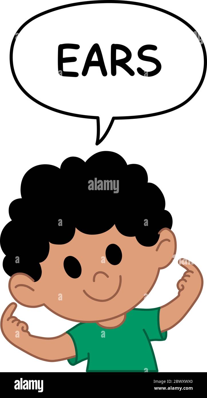 Junger Junge, der in einer Sprechblase auf und mit Ohren zeigt. Illustration von der Benennung von Gesicht und Körperteilen ernst. Stock Vektor