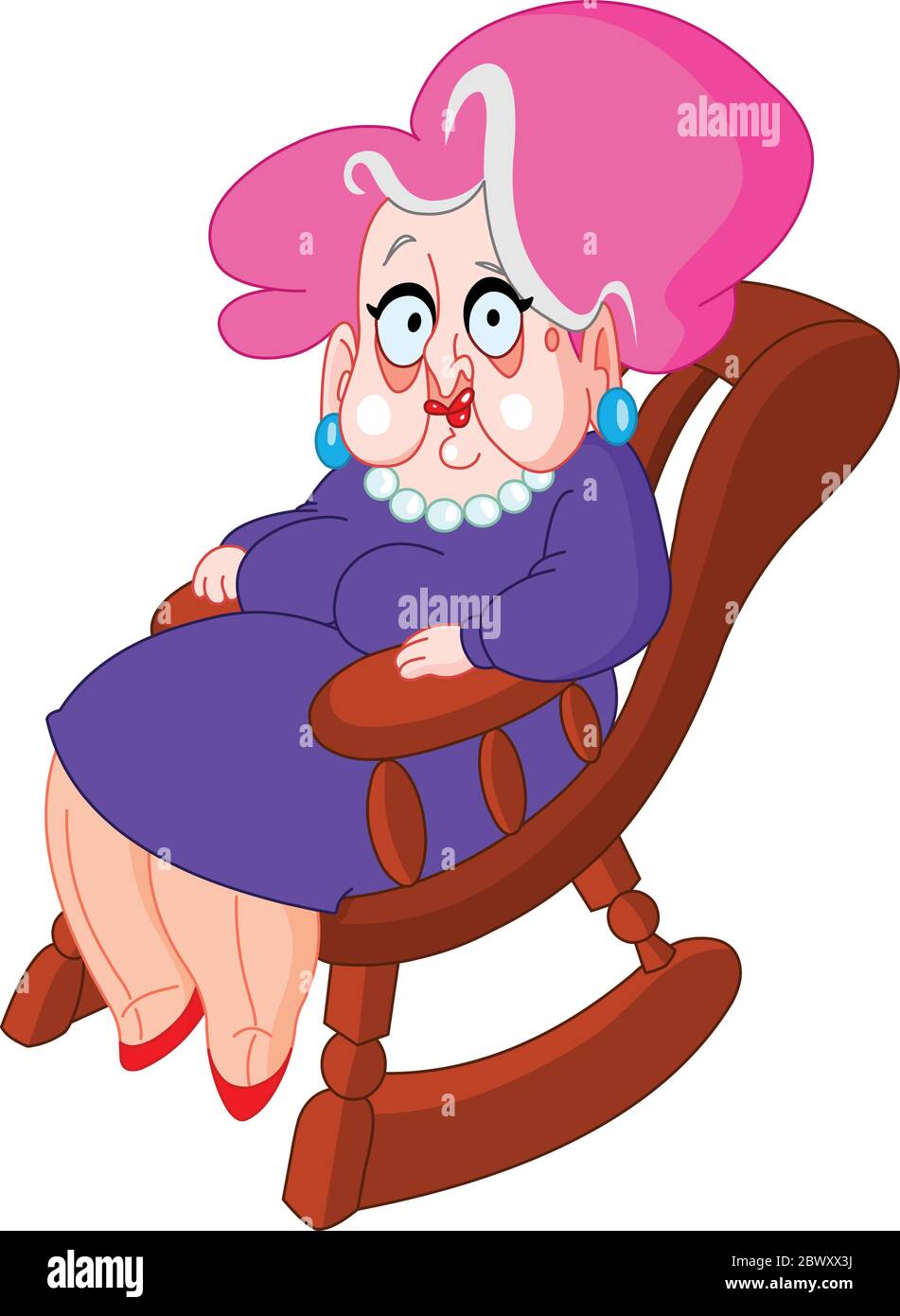 Alte Dame sitzt auf einem Schaukelstuhl Stock Vektor