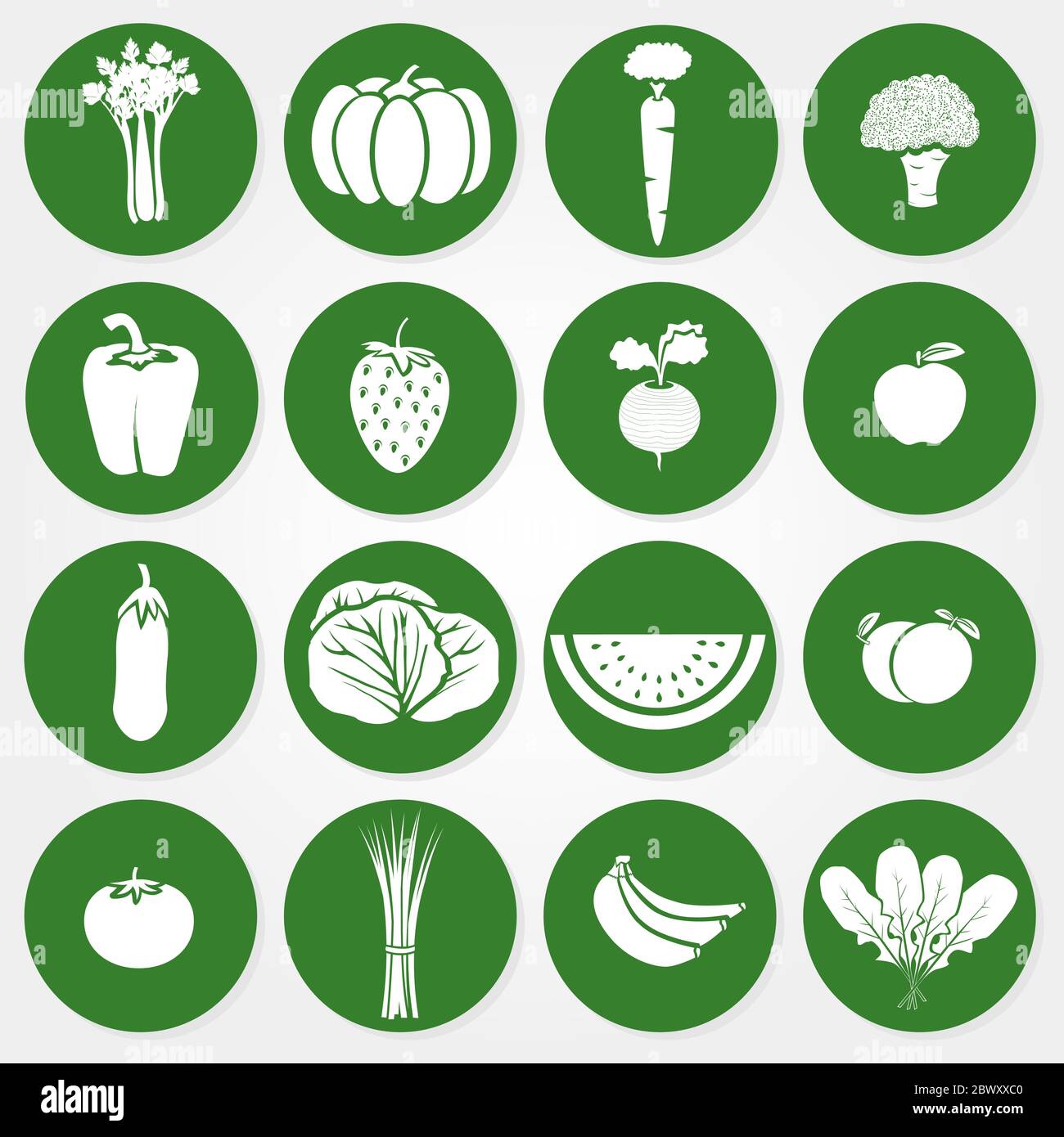 Sechzehn kreisförmige Symbole von Obst und Gemüse: Sellerie, Kürbis, Karotten, Brokkoli, Paprika, Erdbeerrüben, Äpfel, Auberginen, Kohl, Wasserme Stock Vektor