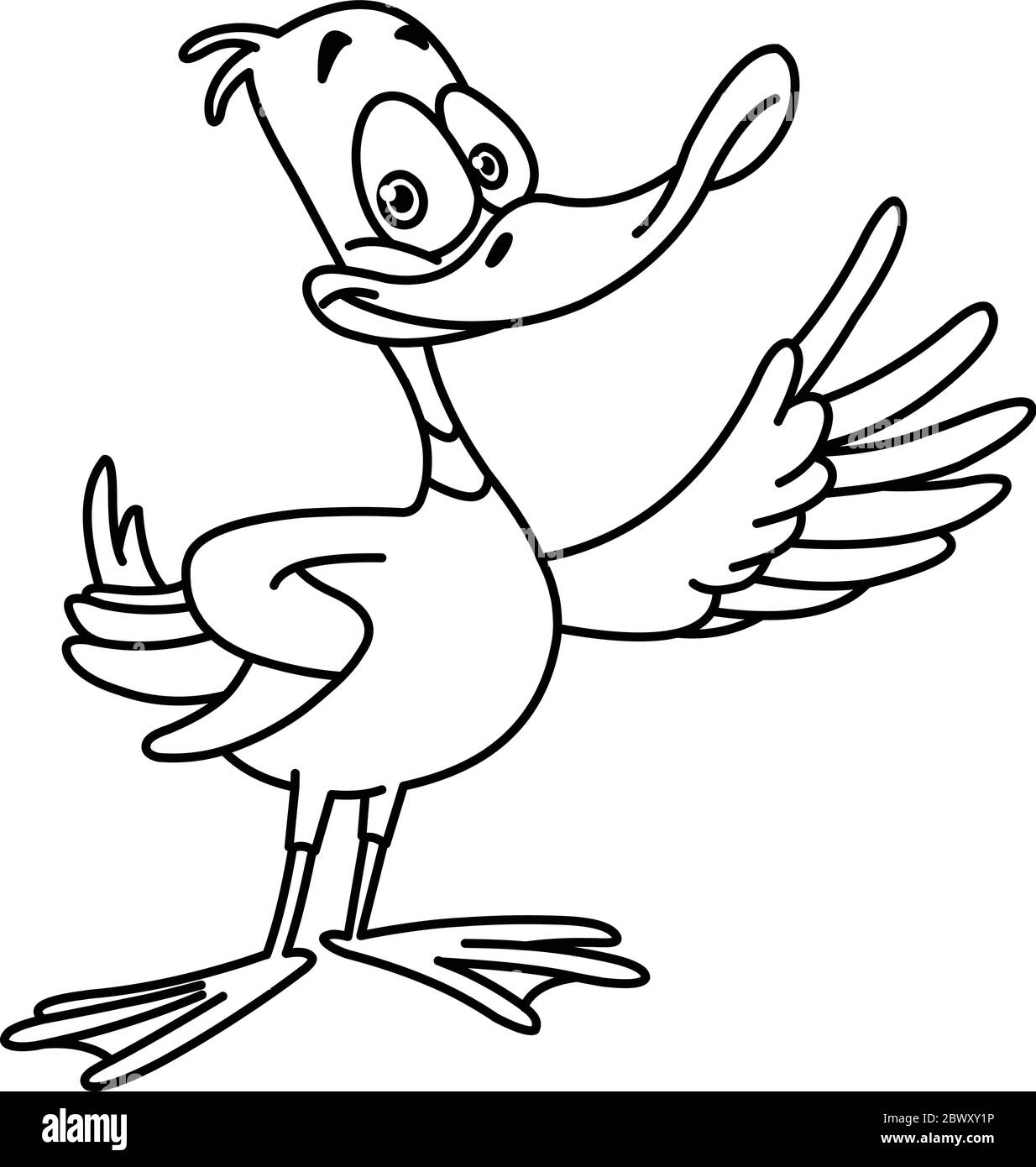 Skizzierte Cartoon Ente präsentiert mit seinem Flügel. Vektor Linie Kunst Illustration Malseite. Stock Vektor