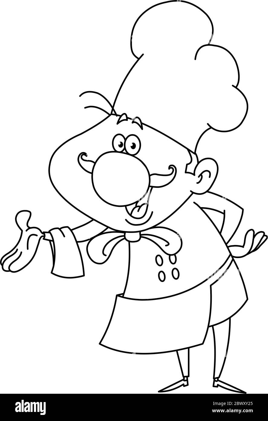 Umrissene, freundliche Chefin, die mit der Hand präsentiert. Vektorgrafik Malseite. Stock Vektor