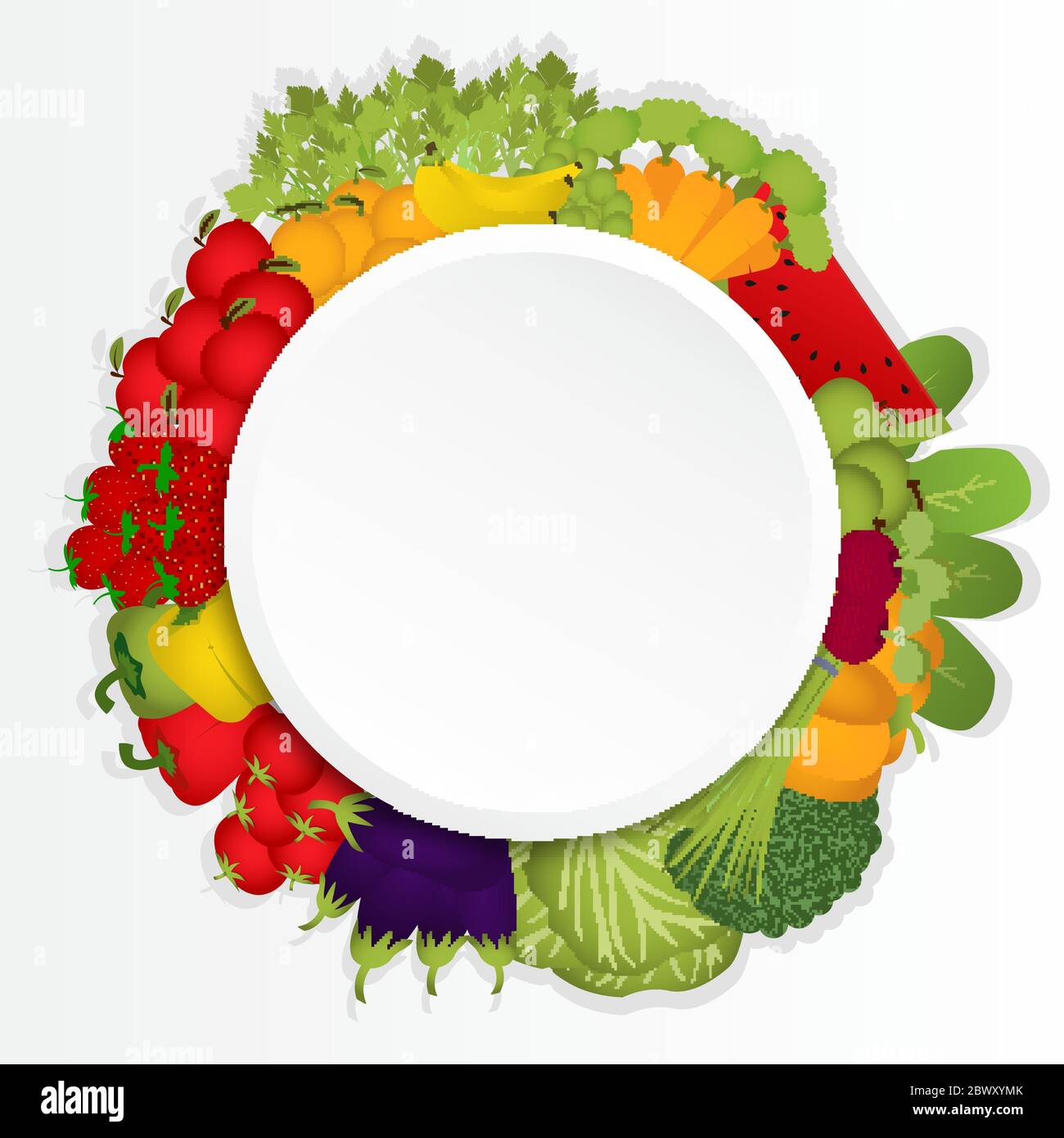 Bearbeitbarer Kreis von Obst, Gemüse und Hülsenfrüchten. Stock Vektor