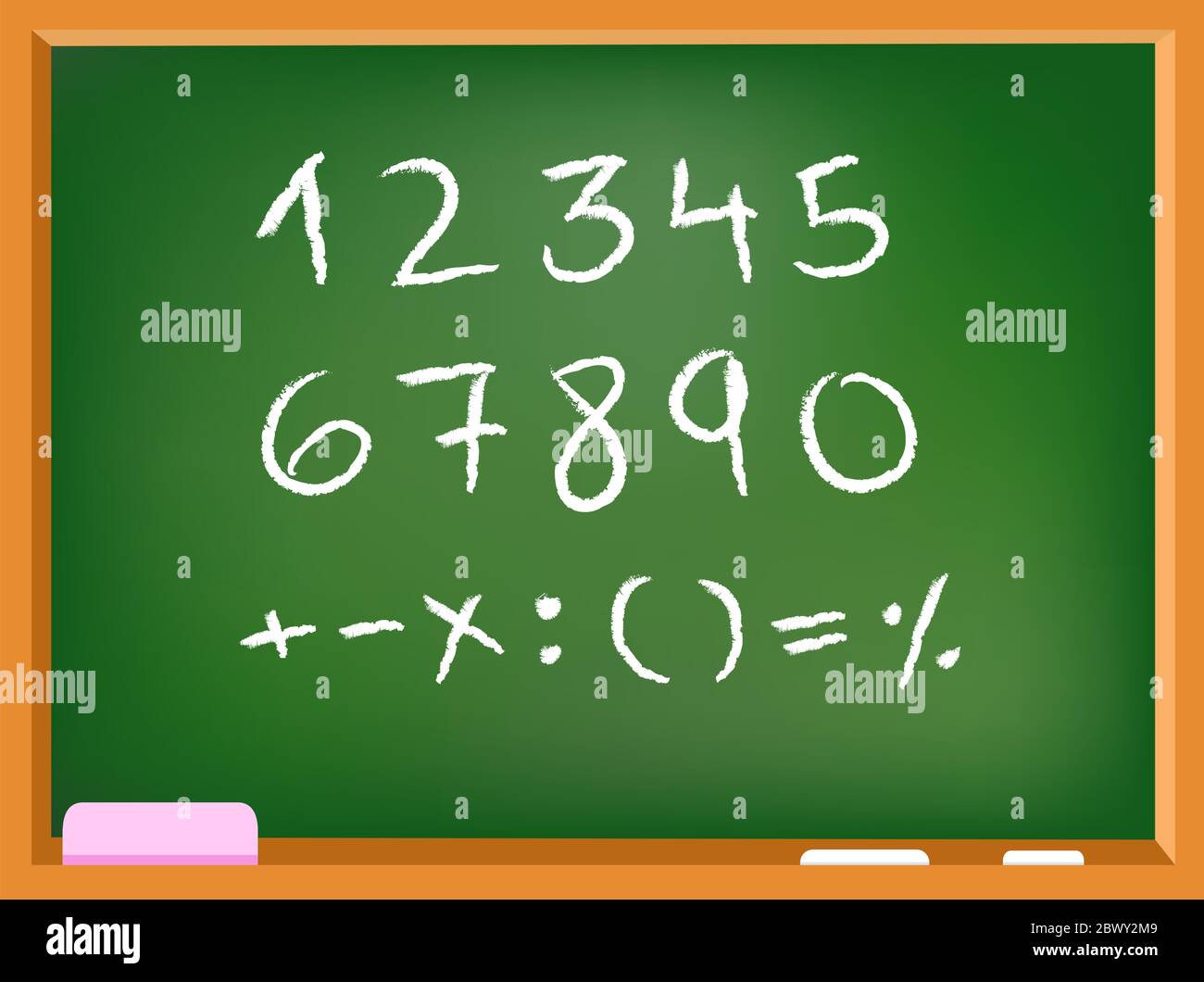 Handgezeichnete Kreidezahlen und mathematische Zeichen auf einer Tafel Stock Vektor