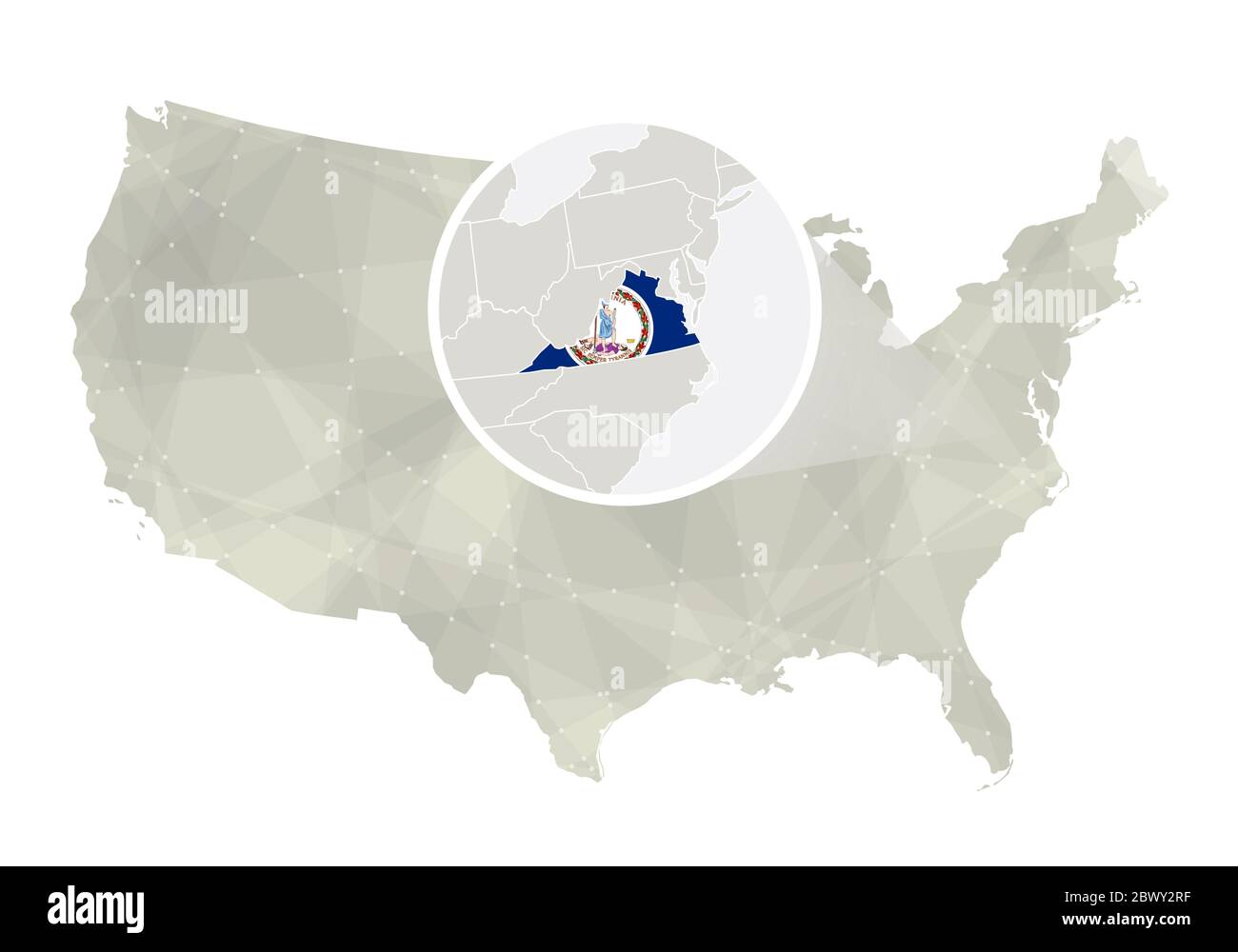 Polygonale abstrakte USA-Karte mit vergrößertem Virginia-Staat. Virginia State Karte und Flagge. VEKTORKARTE USA und Virginia. Vektorgrafik. Stock Vektor