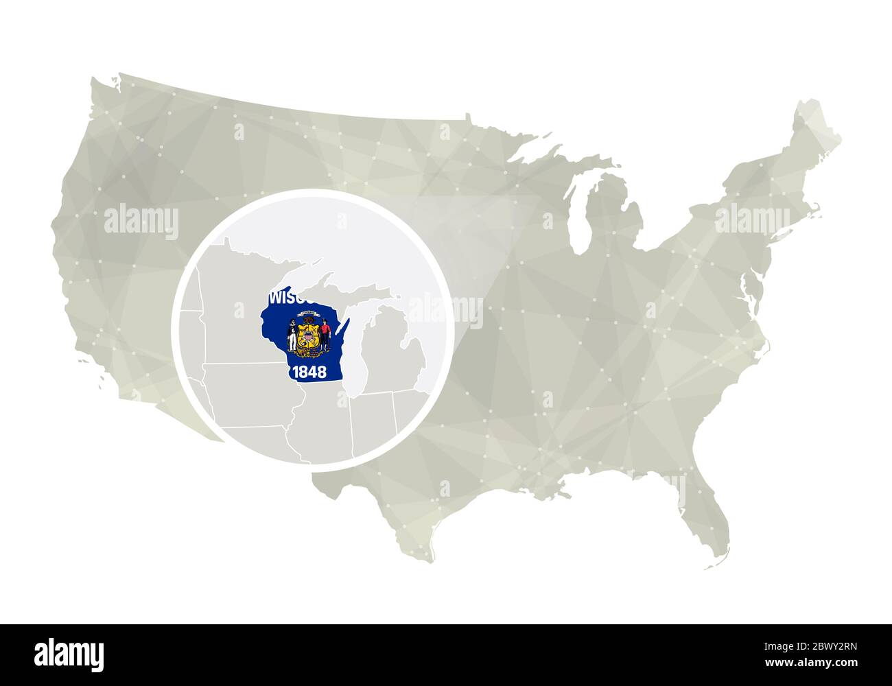 Polygonale abstrakte USA-Karte mit vergrößertem Wisconsin-Staat. Karte und Flagge des Bundesstaates Wisconsin. VEKTORKARTE USA und Wisconsin. Vektorgrafik. Stock Vektor