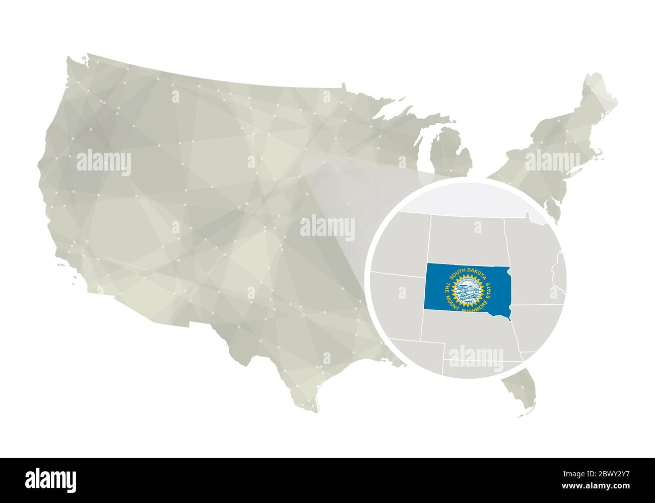 Polygonale abstrakte USA-Karte mit vergrößertem Süddakota-Staat. Karte und Flagge von South Dakota. VEKTORKARTE USA und South Dakota. Vektorgrafik. Stock Vektor