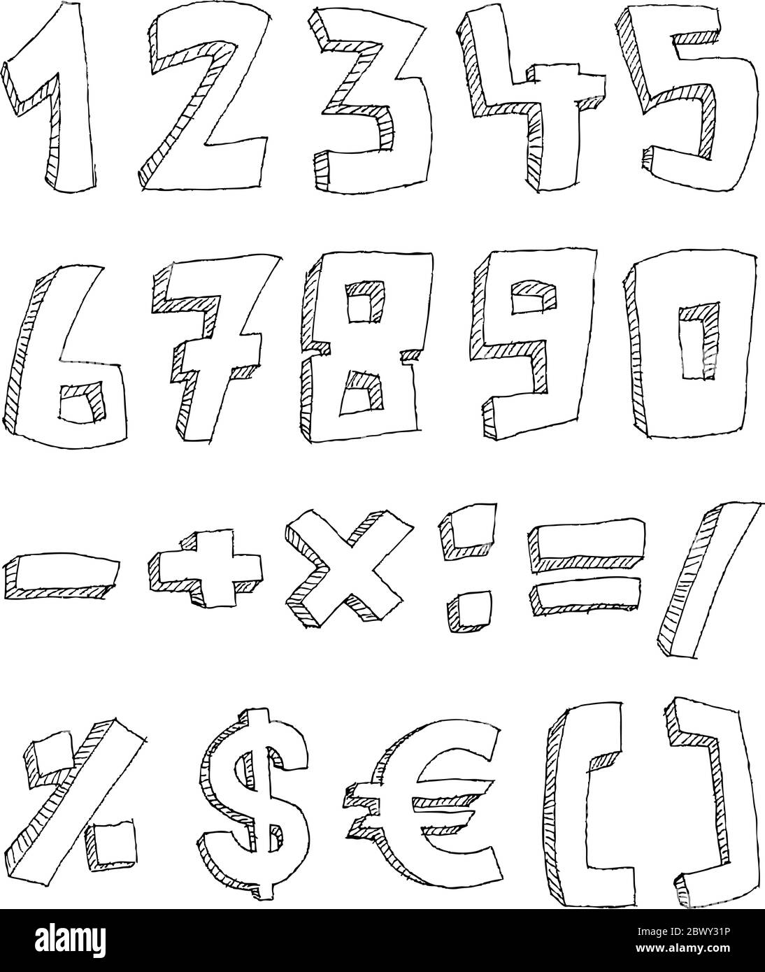 Vektor handgezeichnete Zahlen und mathematische Zeichen Stock Vektor