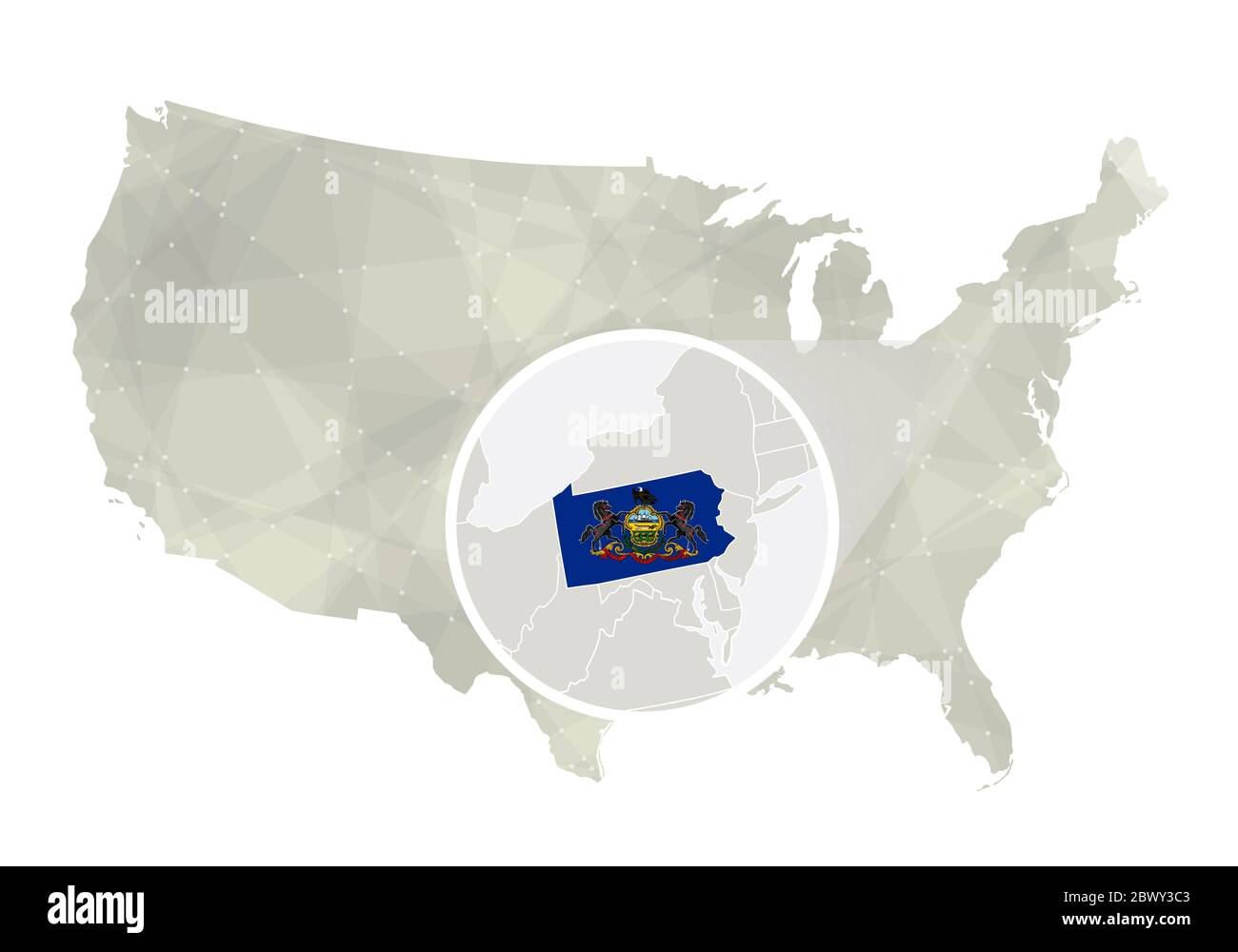 Polygonale abstrakte USA-Karte mit vergrößertem Pennsylvania-Staat. Pennsylvania State Karte und Flagge. VEKTORKARTE USA und Pennsylvania. Vektorgrafik. Stock Vektor