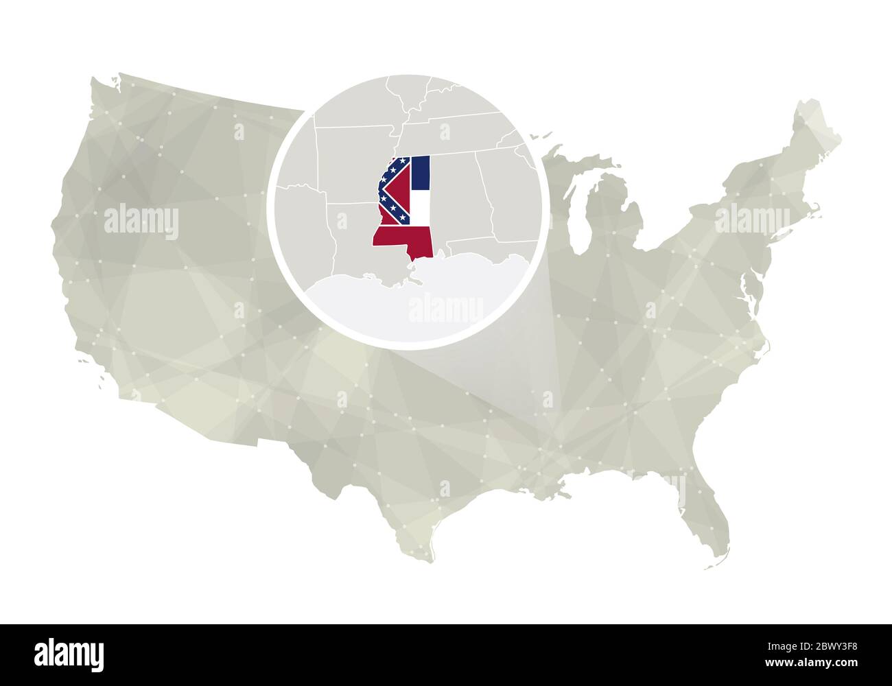 Polygonale abstrakte USA-Karte mit vergrößertem Mississippi-Staat. Mississippi State Karte und Flagge. VEKTORKARTE USA und Mississippi. Vektorgrafik. Stock Vektor