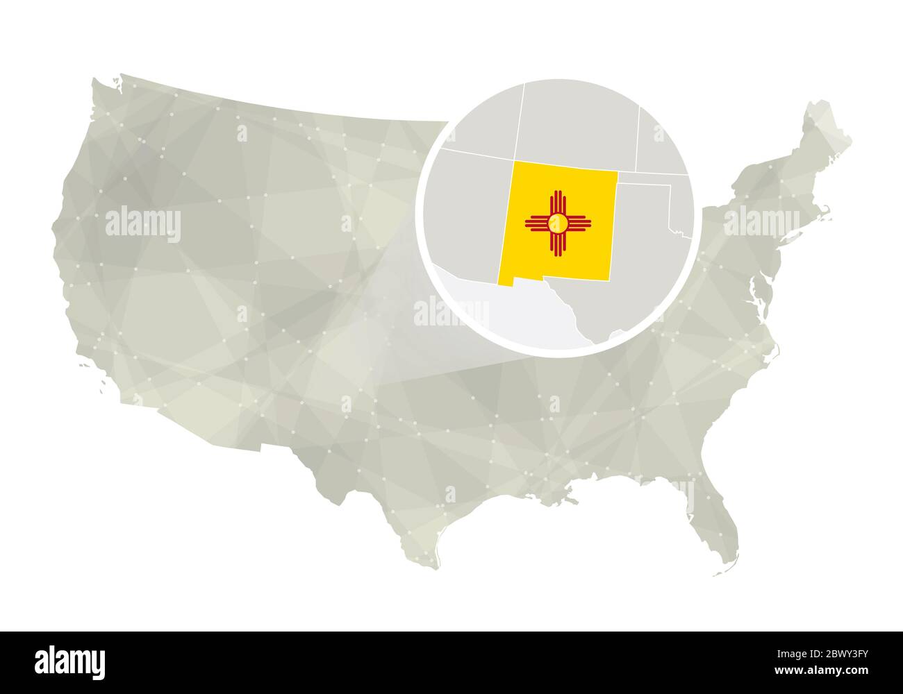 Polygonale abstrakte USA-Karte mit vergrößertem Staat New Mexico. Karte und Flagge von New Mexico. VEKTORKARTE USA und New Mexico. Vektorgrafik. Stock Vektor