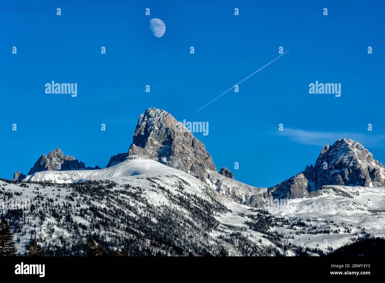 Mondaufgang über dem Grand Teton vom Targhee National Forest am Westhang der Teton Range in Idaho Stockfoto
