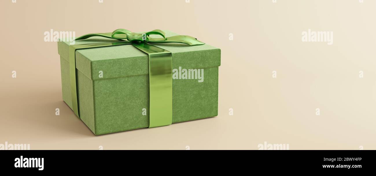 Mock-up Poster, smaragdgrüne Luxus-Geschenkbox mit glänzender Schleife auf sandfarbenem Hintergrund, 3D Render, 3D Illustration Stockfoto
