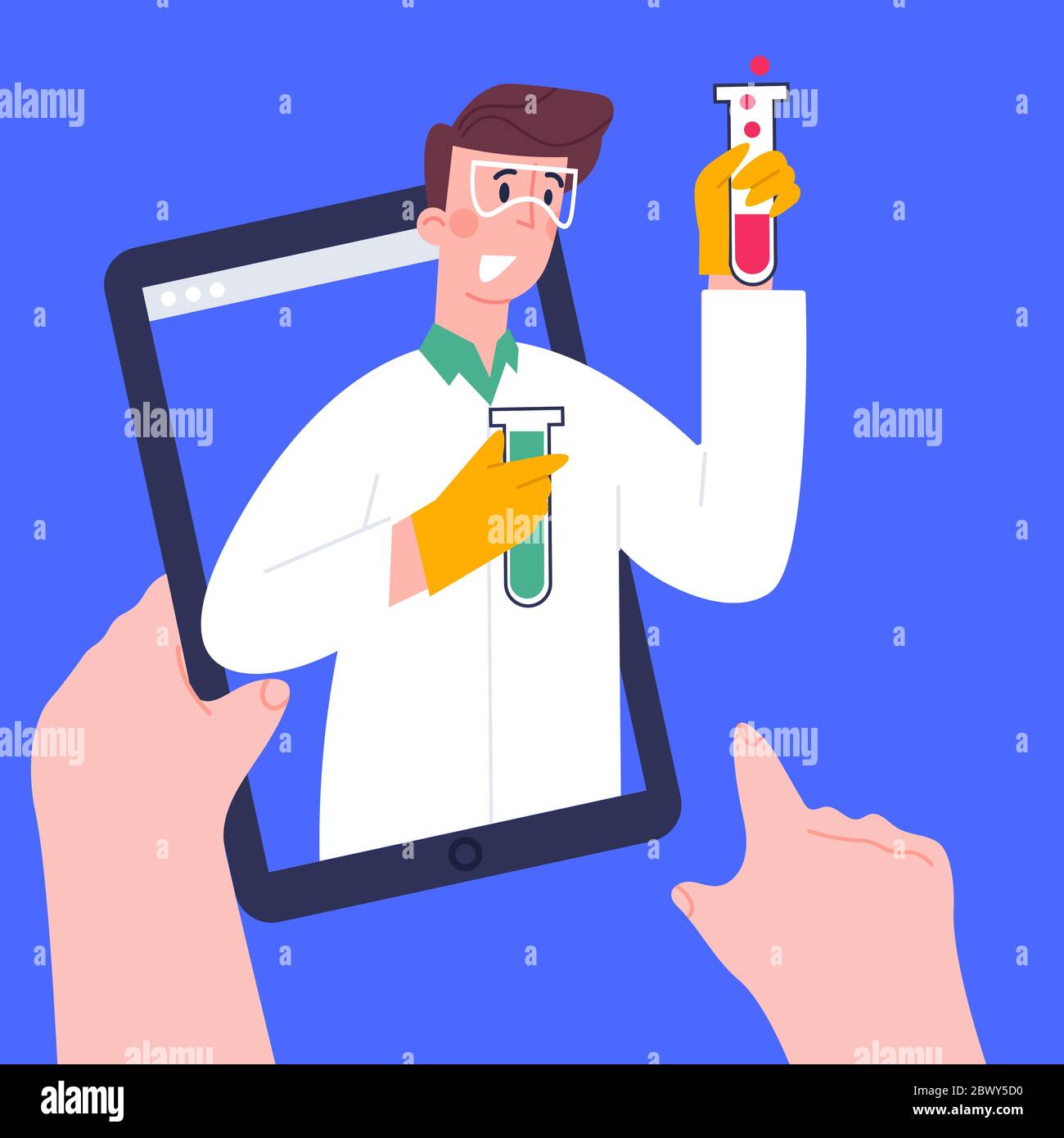 Chemieunterricht, Videokurs, Online-Bildung, Fernunterricht, Web-Seminar, Internet-Klasse, persönliche Lehrer-Service mit weiblichen Mentorin. Stock Vektor