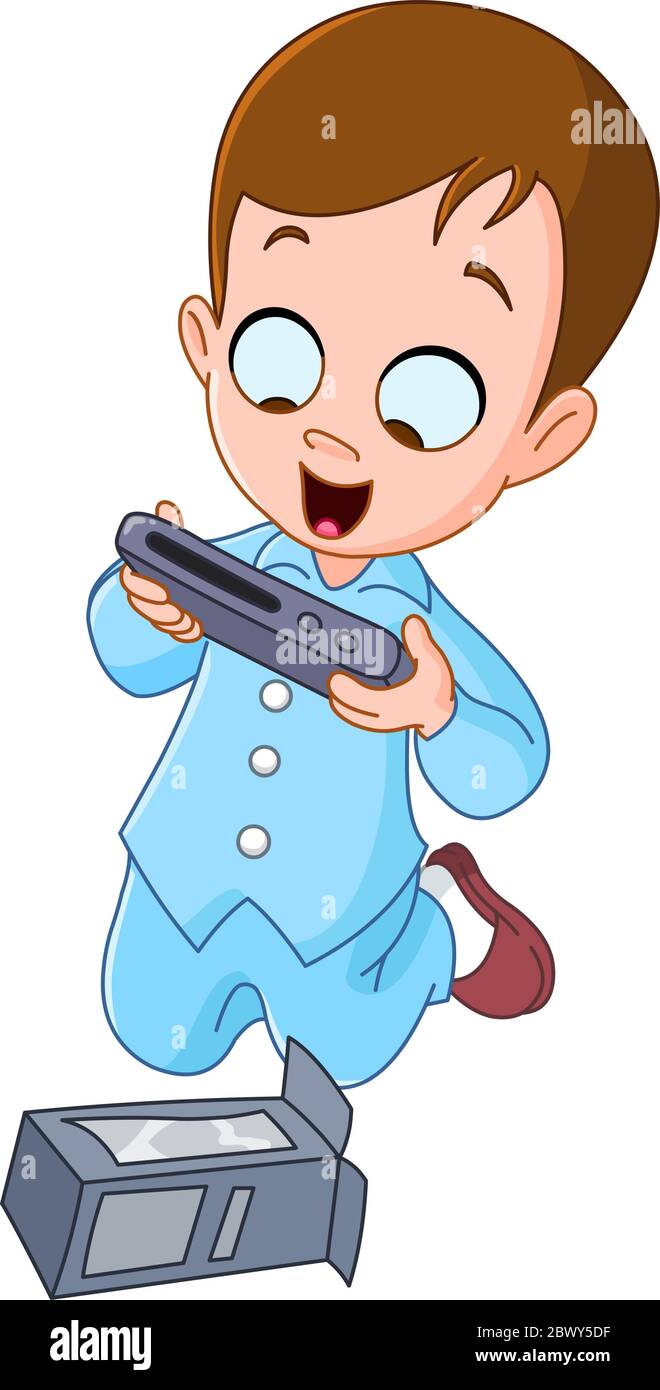 Glückliches Kind trägt Pyjama und hält seine Videospielkonsole Weihnachtsgeschenk Stock Vektor