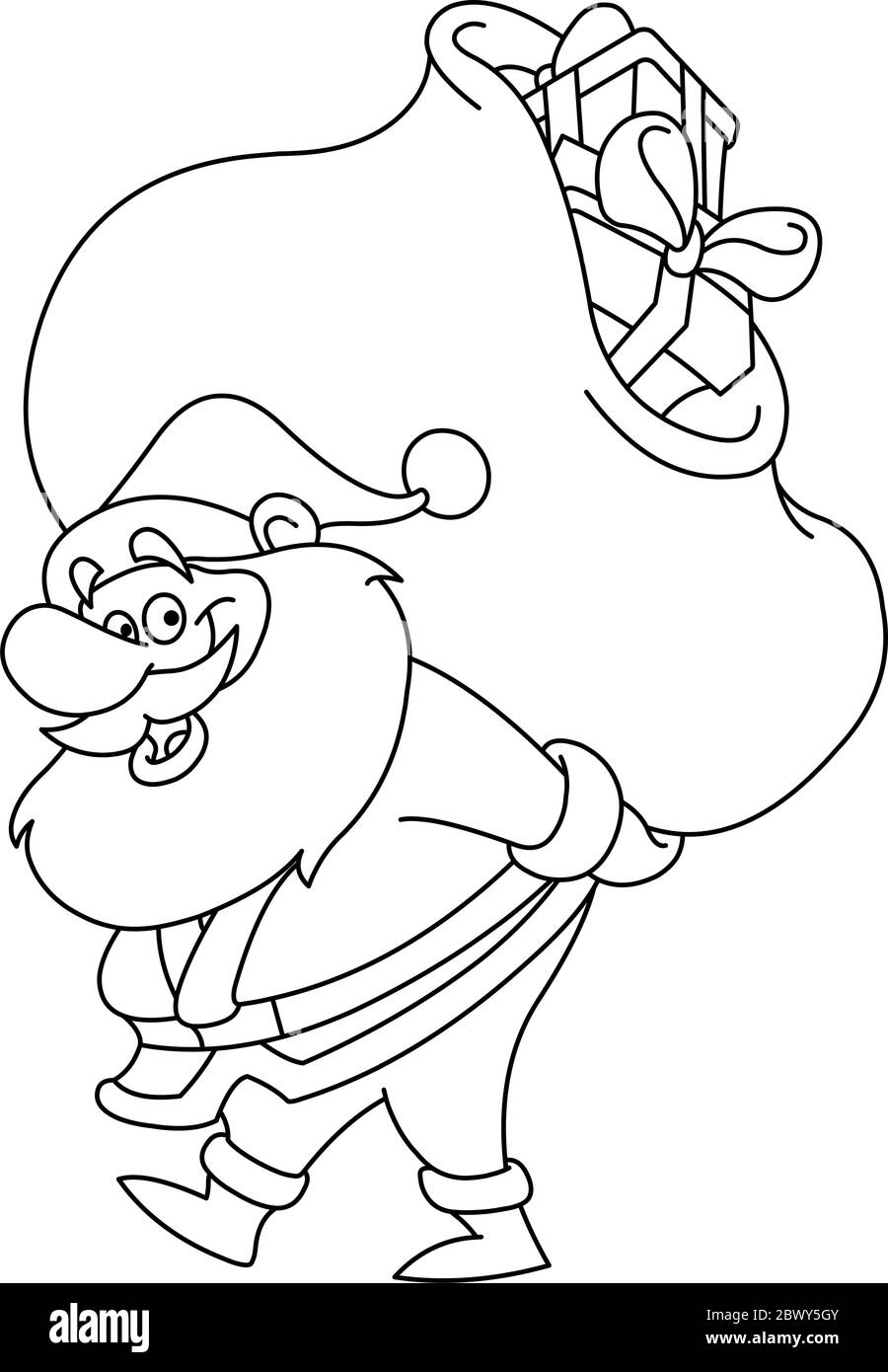 Skizziert Weihnachtsmann mit einem großen Geschenken Sack auf dem Rücken. Vektorgrafik Malseite. Stock Vektor