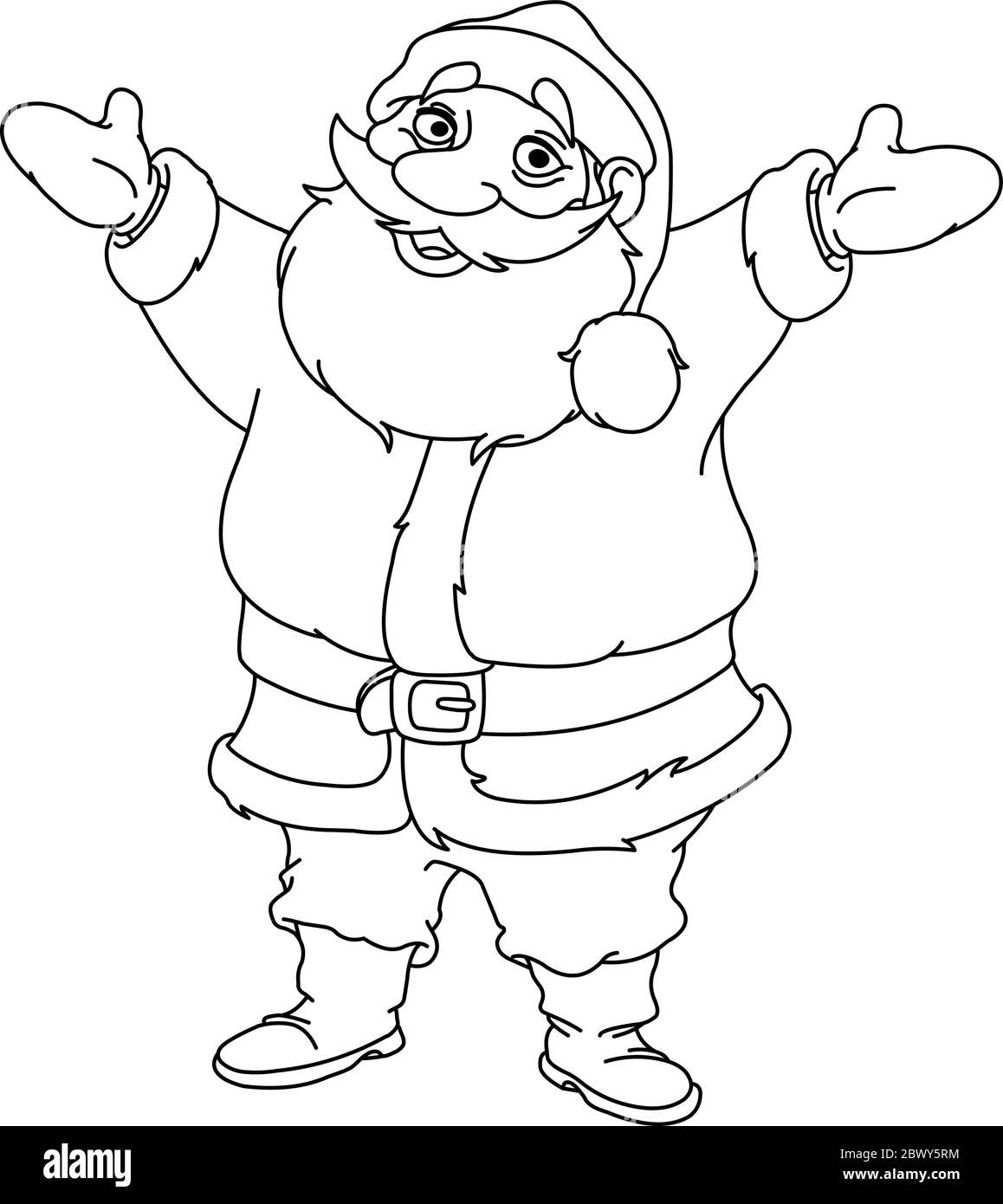 Umrissen fröhlichen Weihnachtsmann hebt seine Arme. Vektor Linie Kunst Illustration Malseite. Stock Vektor