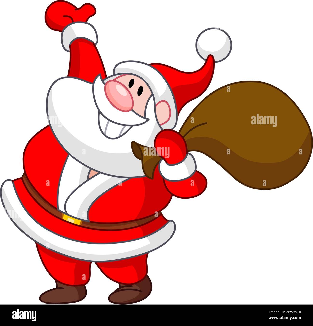 Fröhlicher Weihnachtsmann, der einen Geschenksack trägt und seinen Arm hebt Stock Vektor