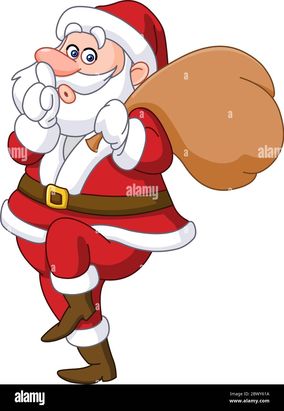 Hinterhältiger weihnachtsmann zeigt Stille Zeichen und Spitze zu toeing Geschenke Sack Stock Vektor