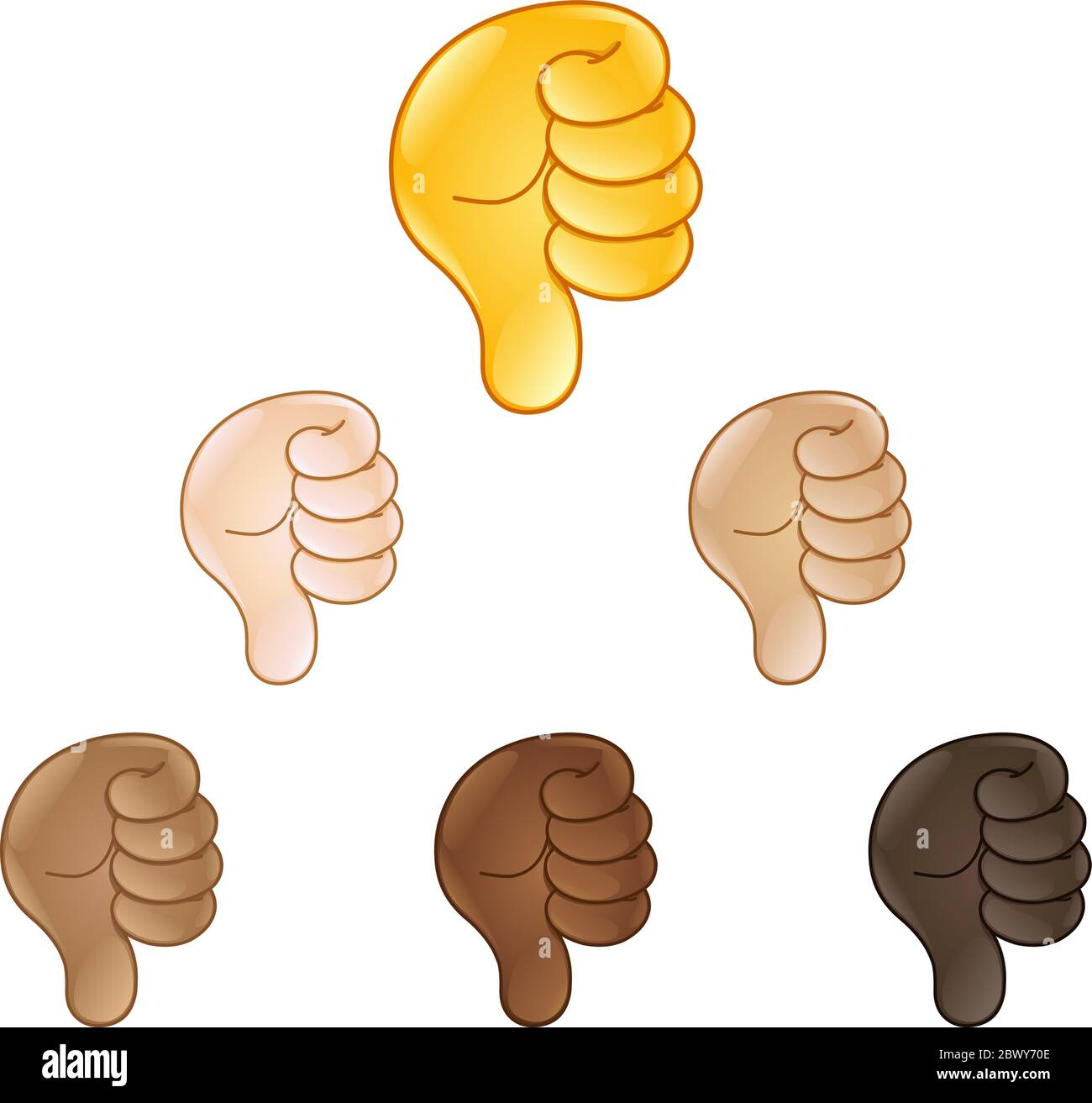 Daumen nach unten Hand Zeichen Emoji Set von verschiedenen Hauttönen Stock Vektor