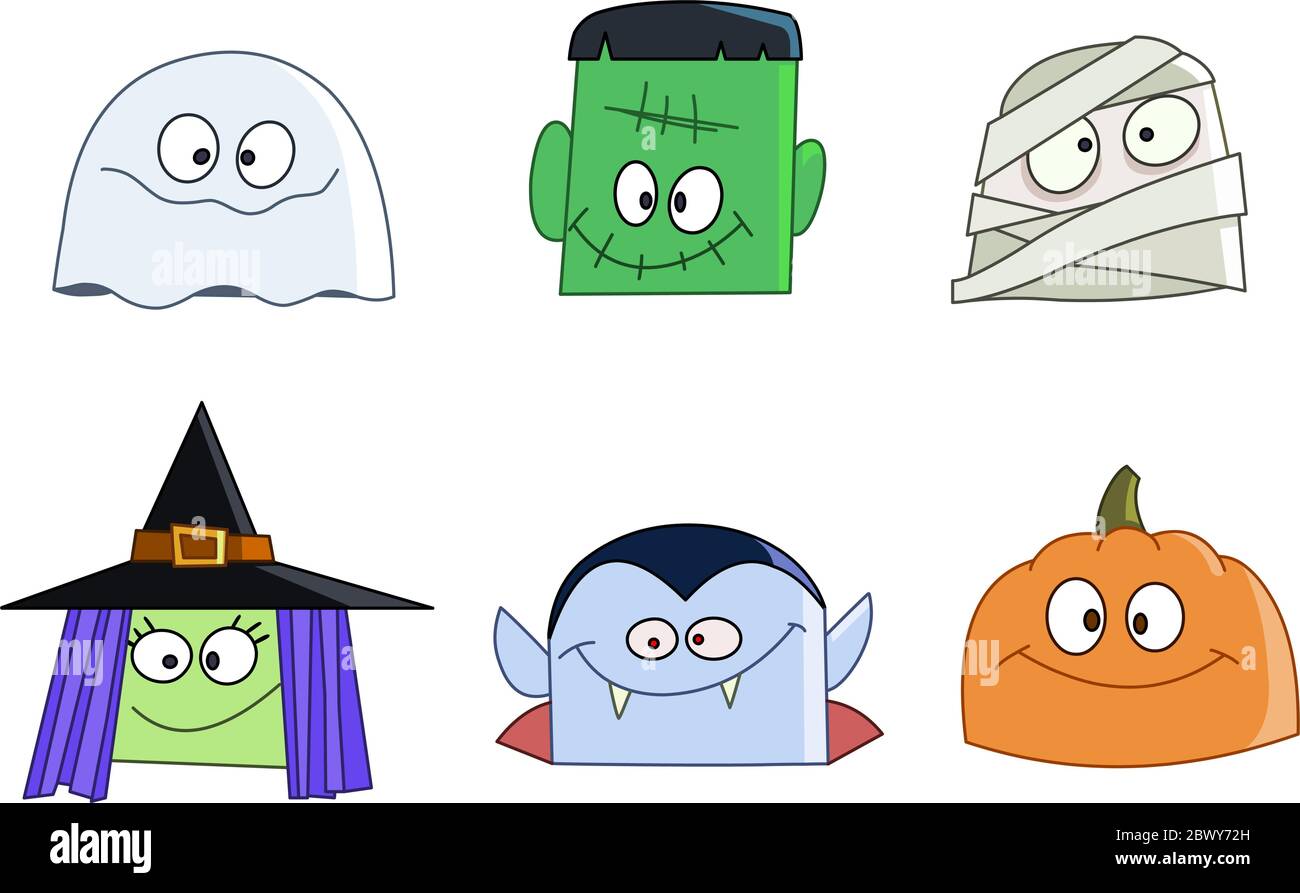 Halloween Figuren Gesichter gesetzt. Ghost, grünes Monster, Mama, Hexe, Vampir und Kürbis Stock Vektor