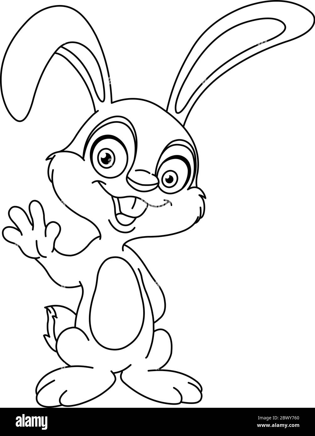 Umrissene lächelnde Hase winkt mit seiner Hand. Vektor Linie Kunst Illustration Malseite. Stock Vektor