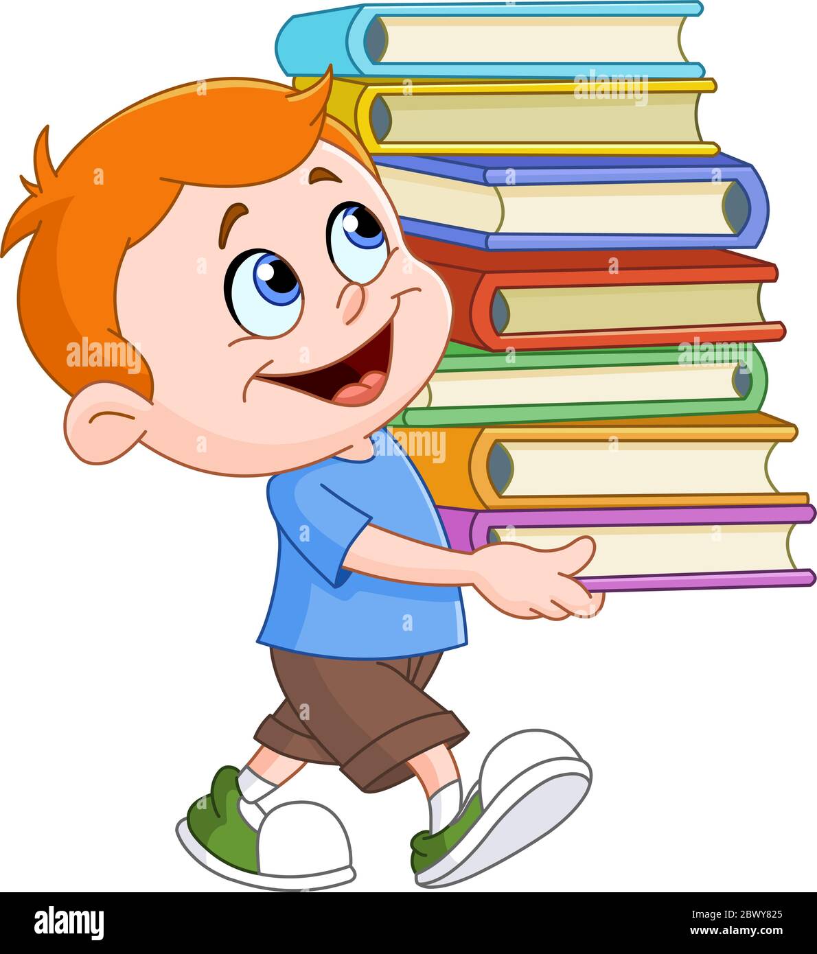 Junger Junge, der geht und einen großen und schweren Stapel Schulbücher trägt Stock Vektor